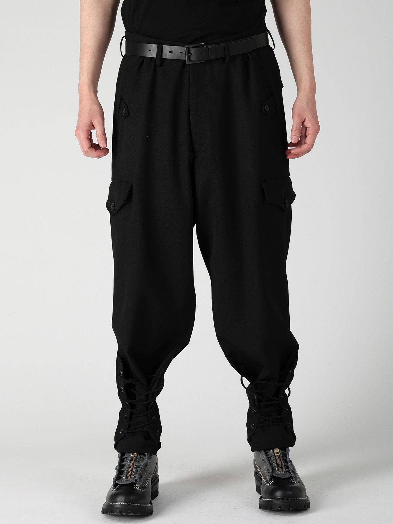 ARMY GABARDINE LACE UP HEM PANTS