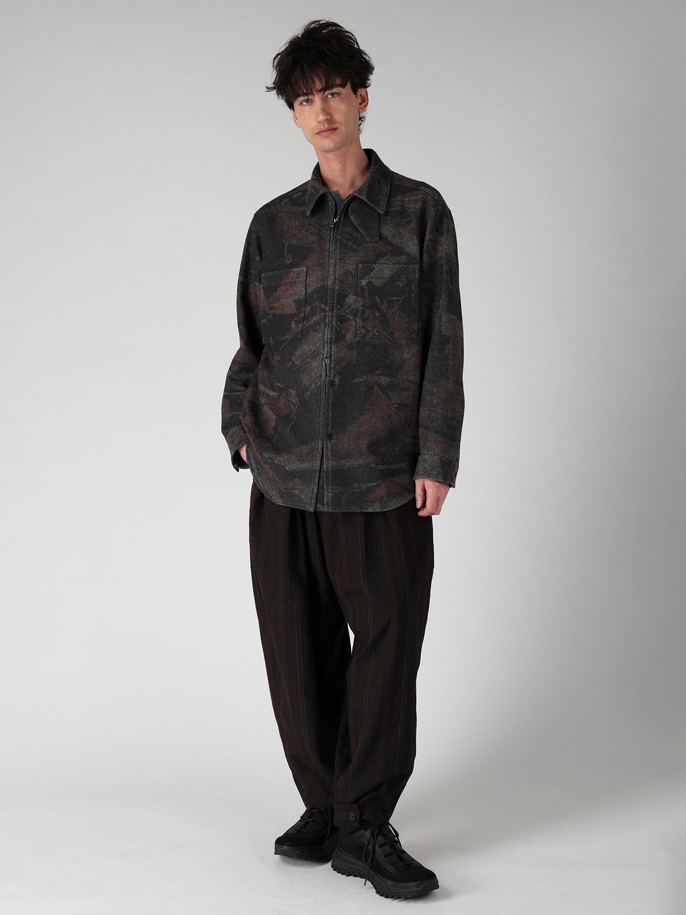 WOOL SATIN ST STRIPE WIDE TUCK PANTS