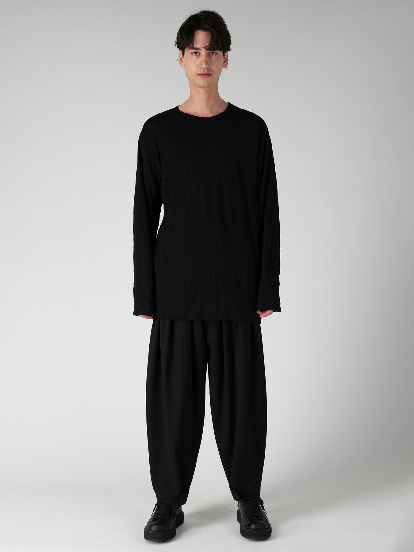 100S WOOL SINGLE JERSEY ROUND NECK LONG SLV T(FREE SIZE Black