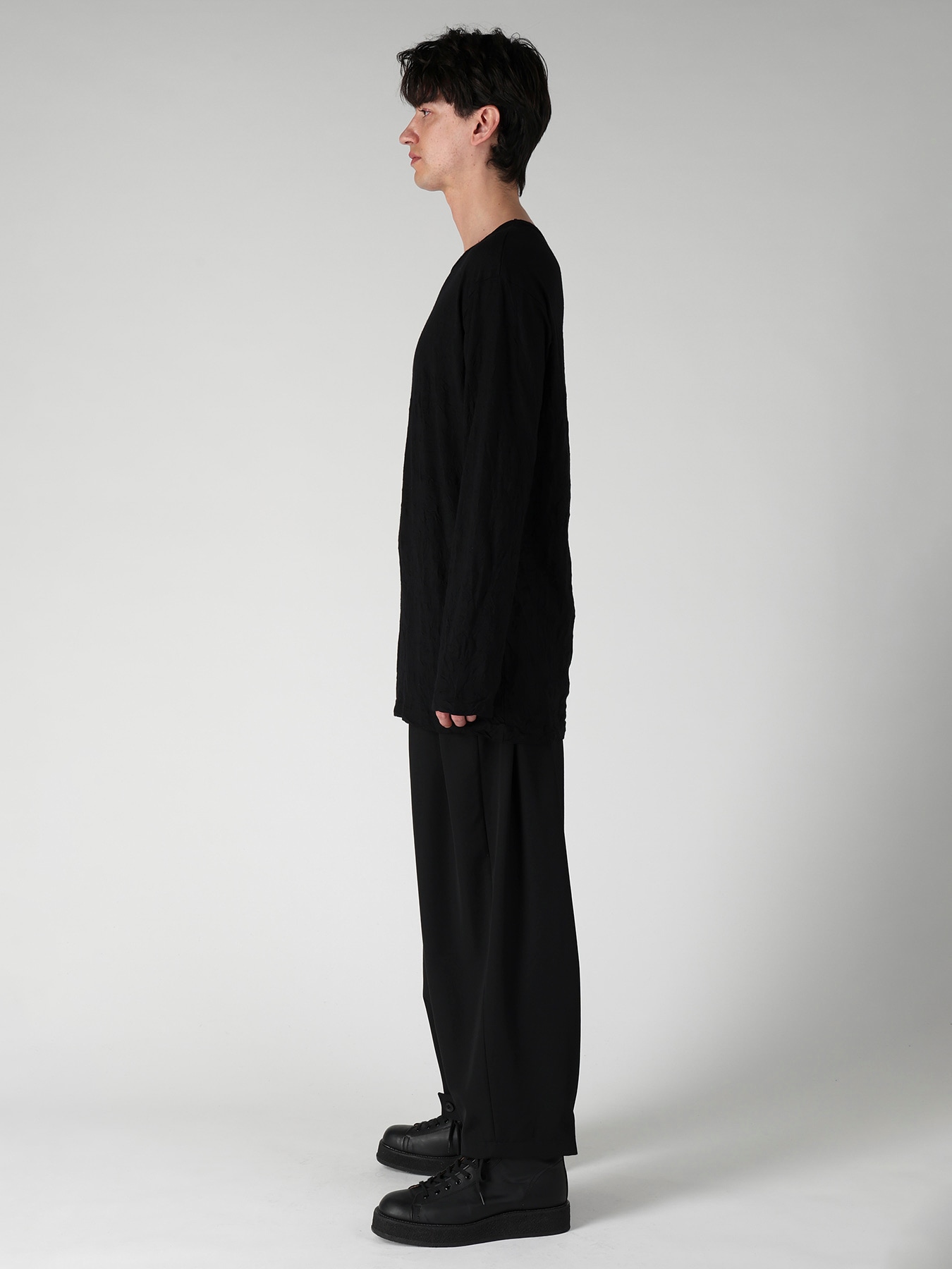 100S WOOL SINGLE JERSEY ROUND NECK LONG SLV T(FREE SIZE Black