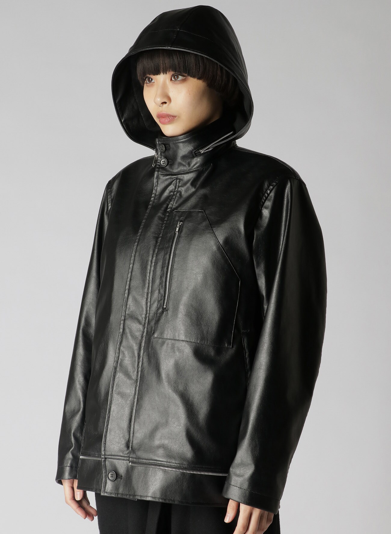 Fulling Cloth/Fake Leather Layered Coat(S Black): Vintage 1.1｜THE