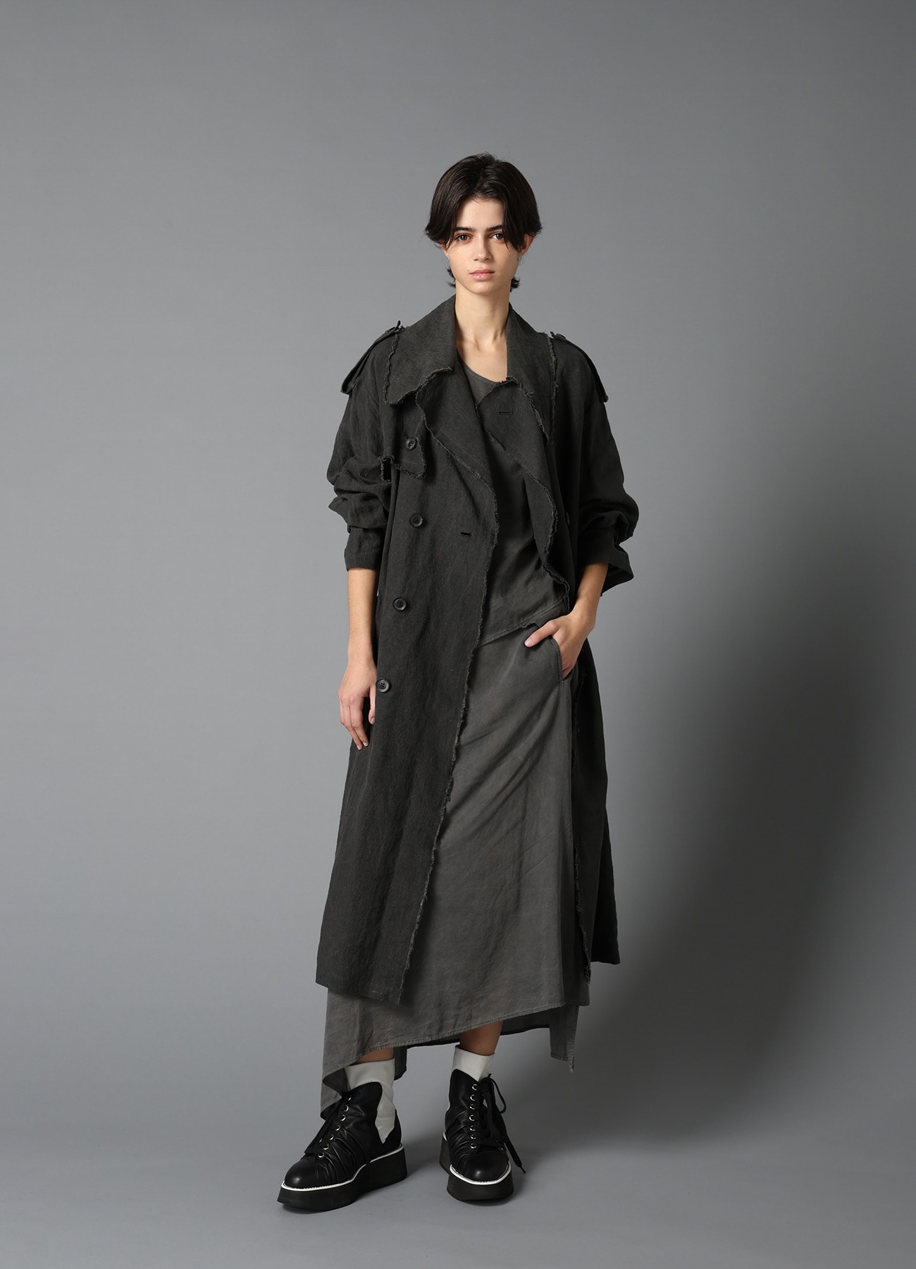 INK DYED LAWN LONG TRENCH COAT