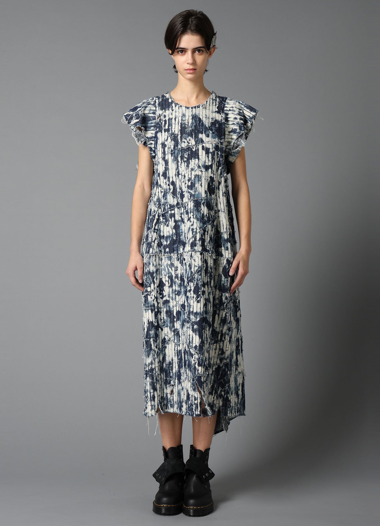 DAMAGED DENIM DESIGNED SLEEVE DRESS