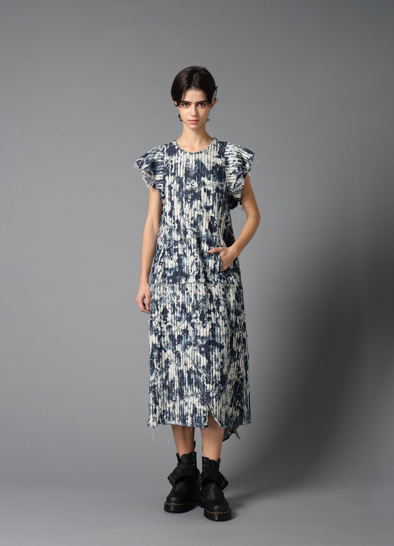 DAMAGED DENIM DESIGNED SLEEVE DRESS