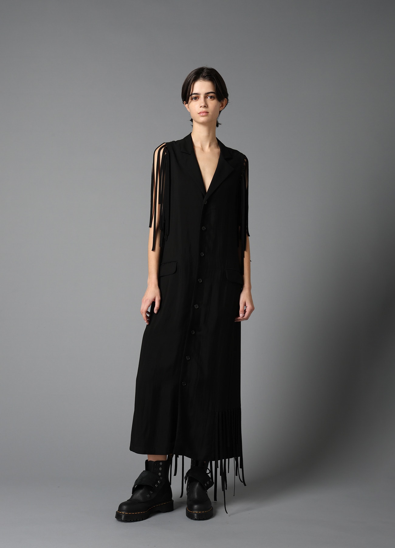 HIGH TWISTED GABARDINE FRINGE DRESS