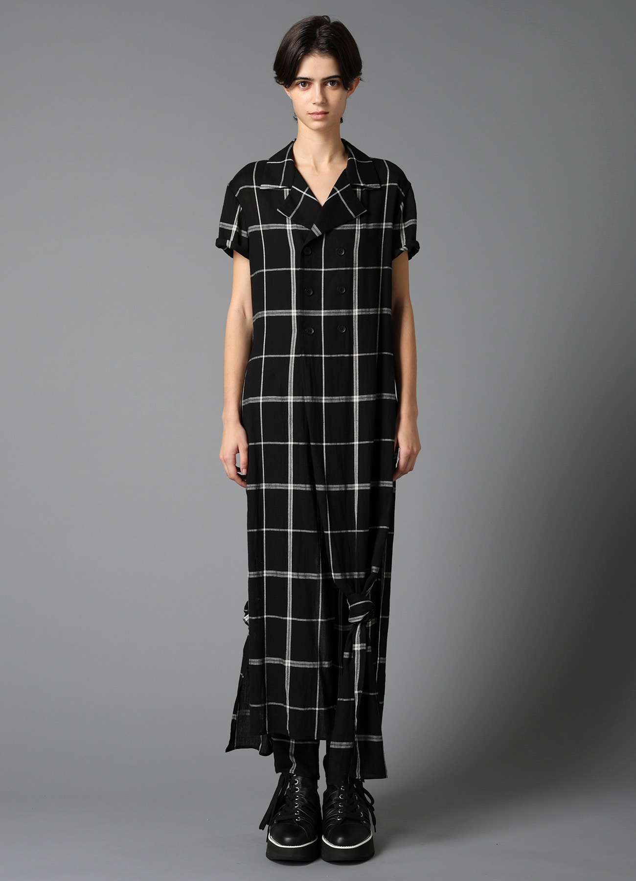 PLAID KHADI DOUBLE FRONT LONG JACKET