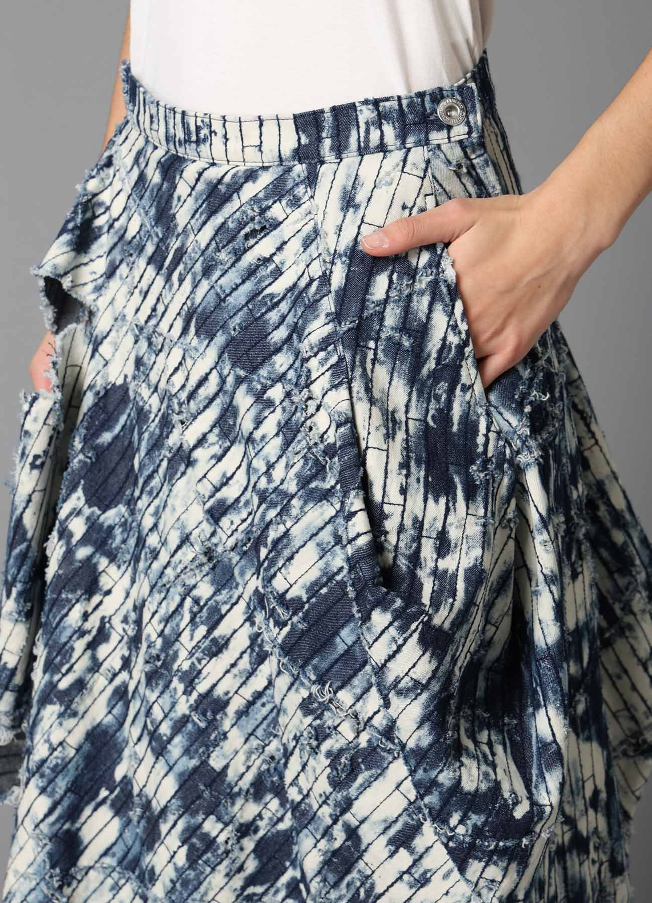 DAMAGED DENIM DRAPED SKIRT