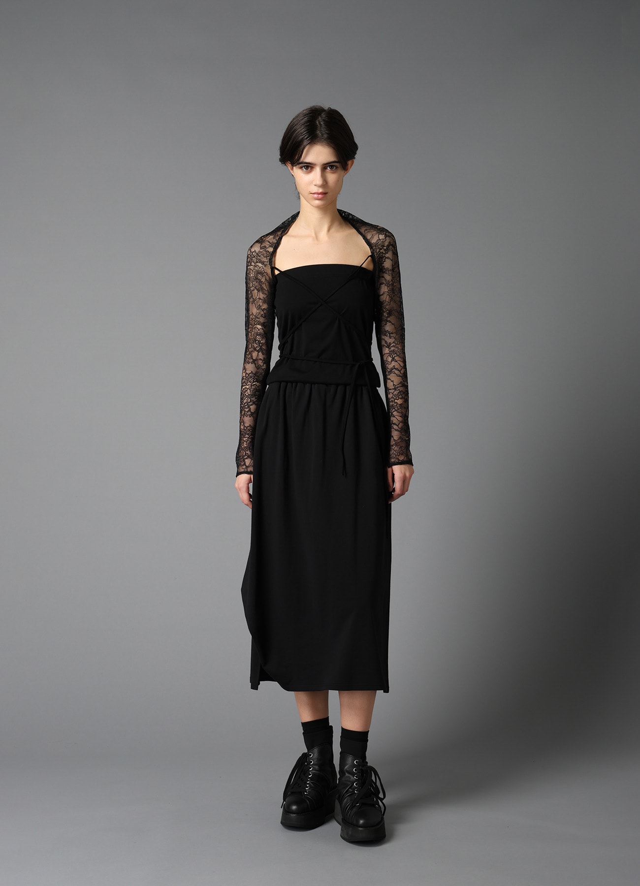 FLOWER LACE+SIGLE JERSEY SLEEVE SLIT BOLERO