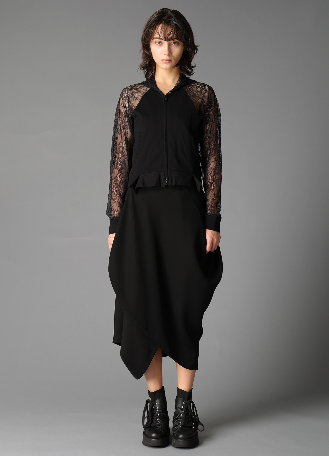 FLOWER LACE+SIGLE JERSEY RAGLAN HOODIE