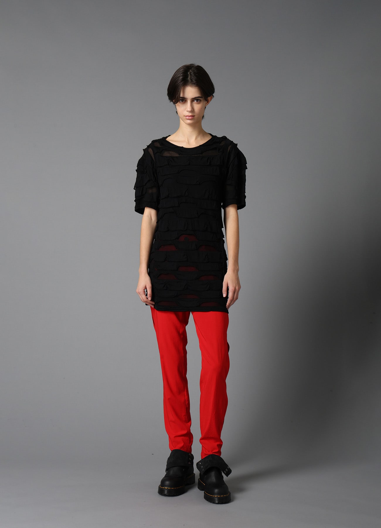 FRILL JACQUARD PANEL DESIGN LONG SLEEVE TEE