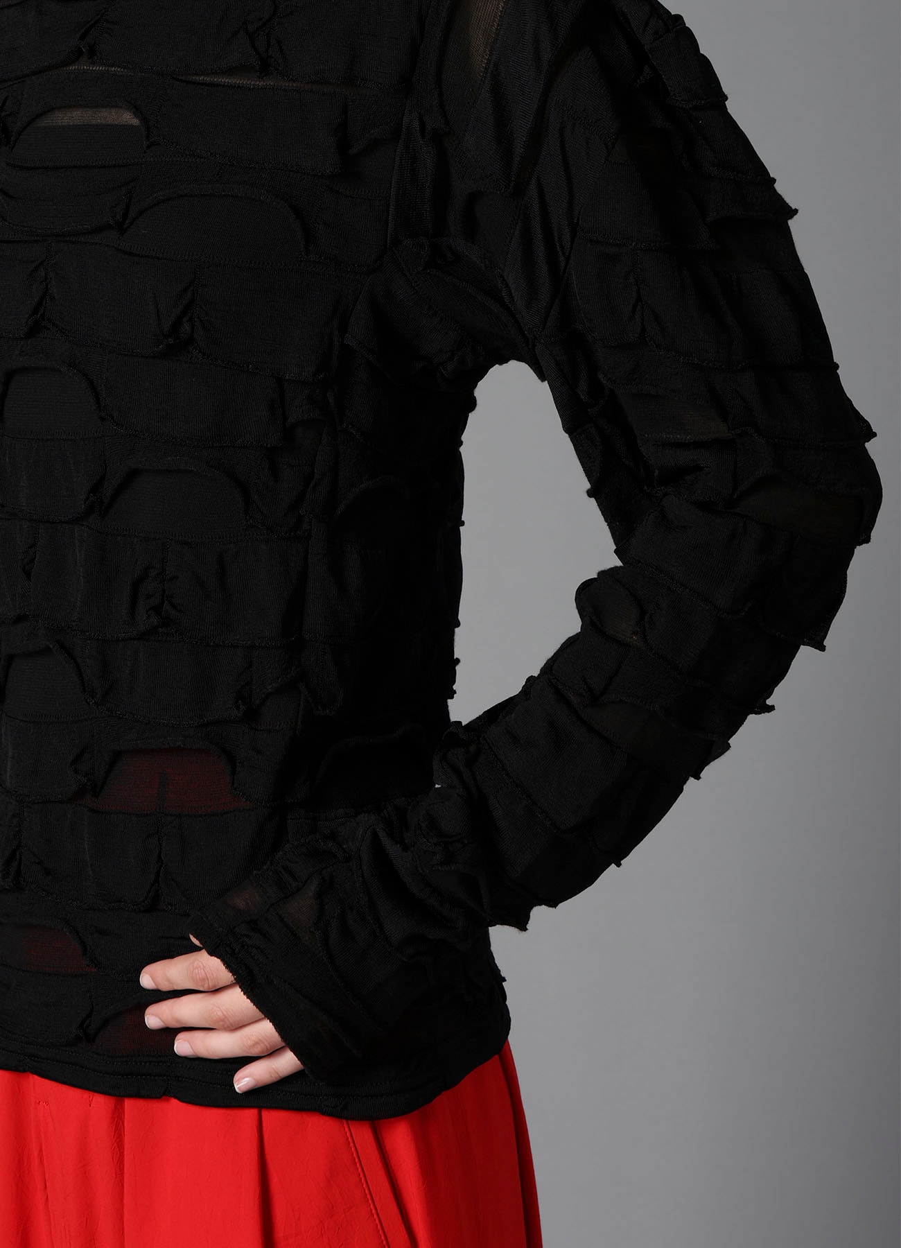 FRILLED JACQUARD  PANEL DESIGN LONG SLEEVE TEE