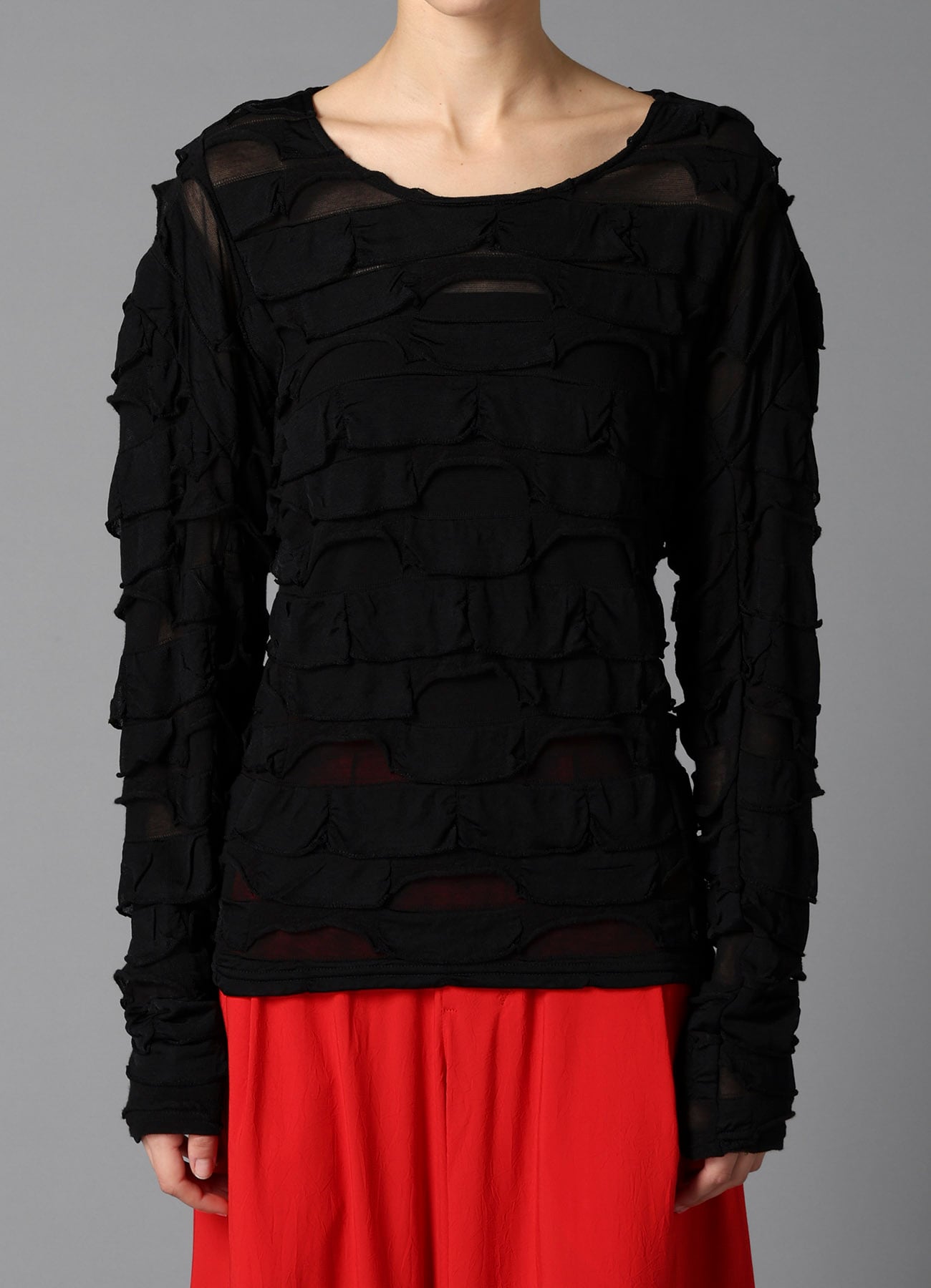 FRILLED JACQUARD  PANEL DESIGN LONG SLEEVE TEE