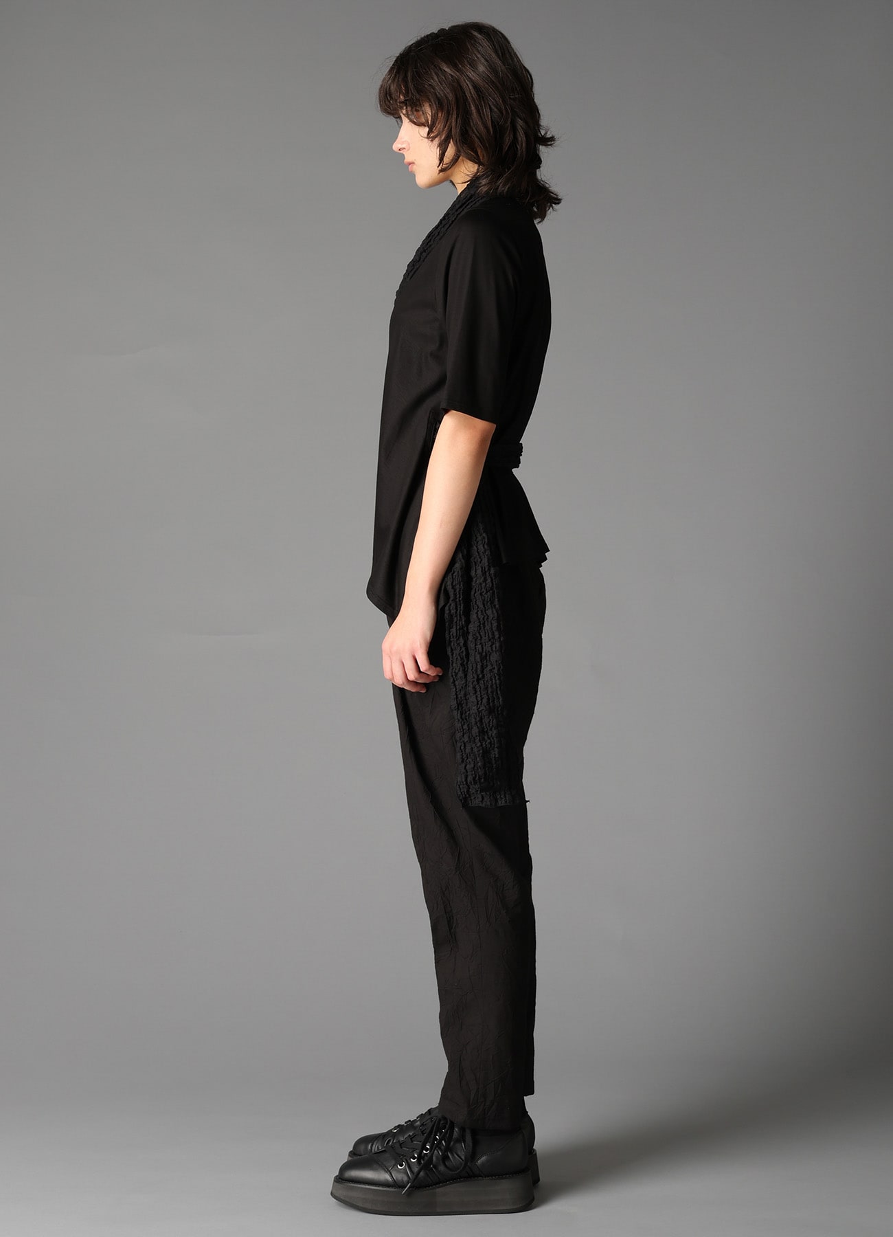 SINGLE JERSEY+SHRINKED LACE SCARF DETAIL SHORT CARDIGAN