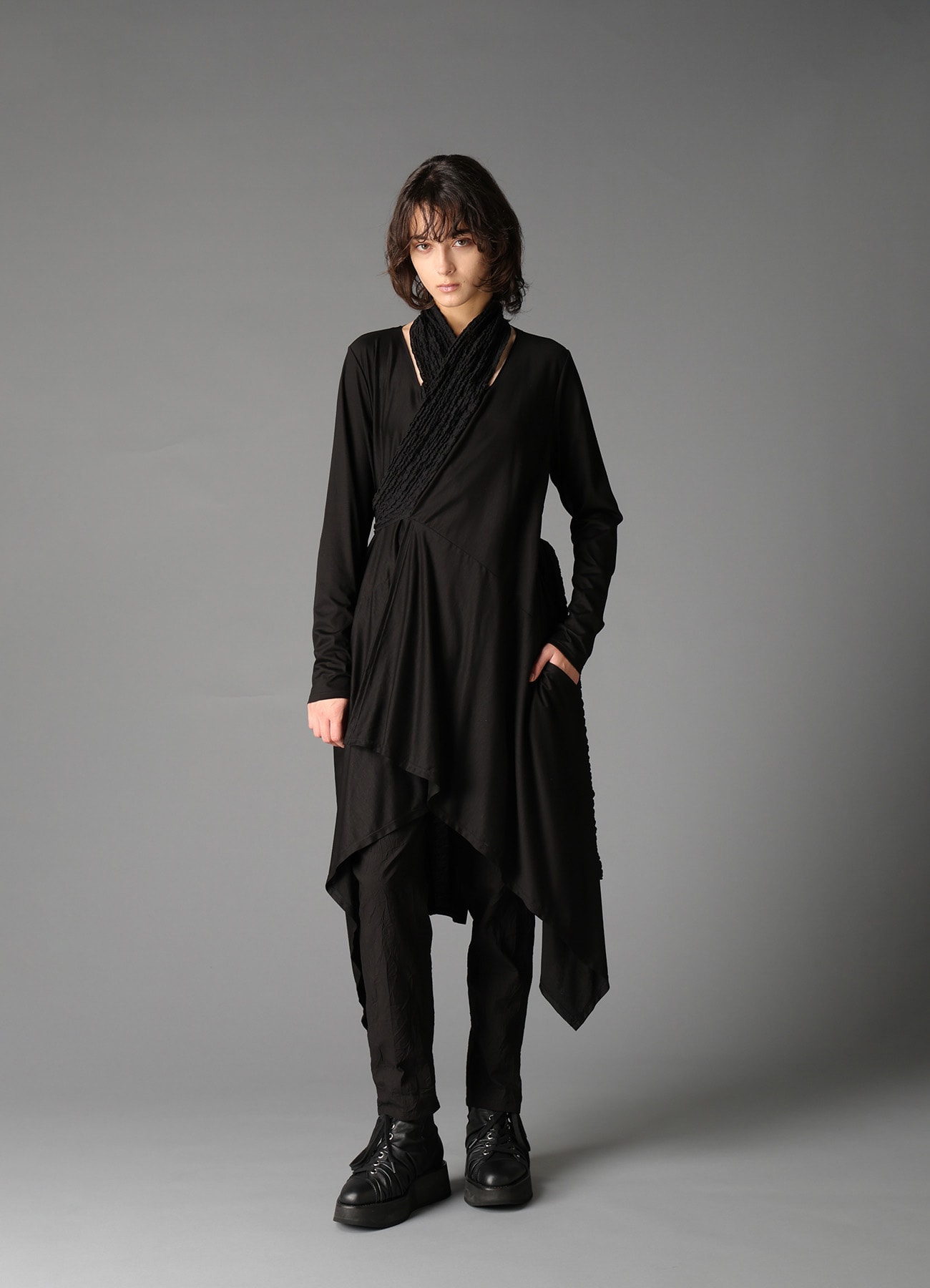 SINGLE JERSEY+SHRINKED LACE SCARF DETAIL LONG CARDIGAN A