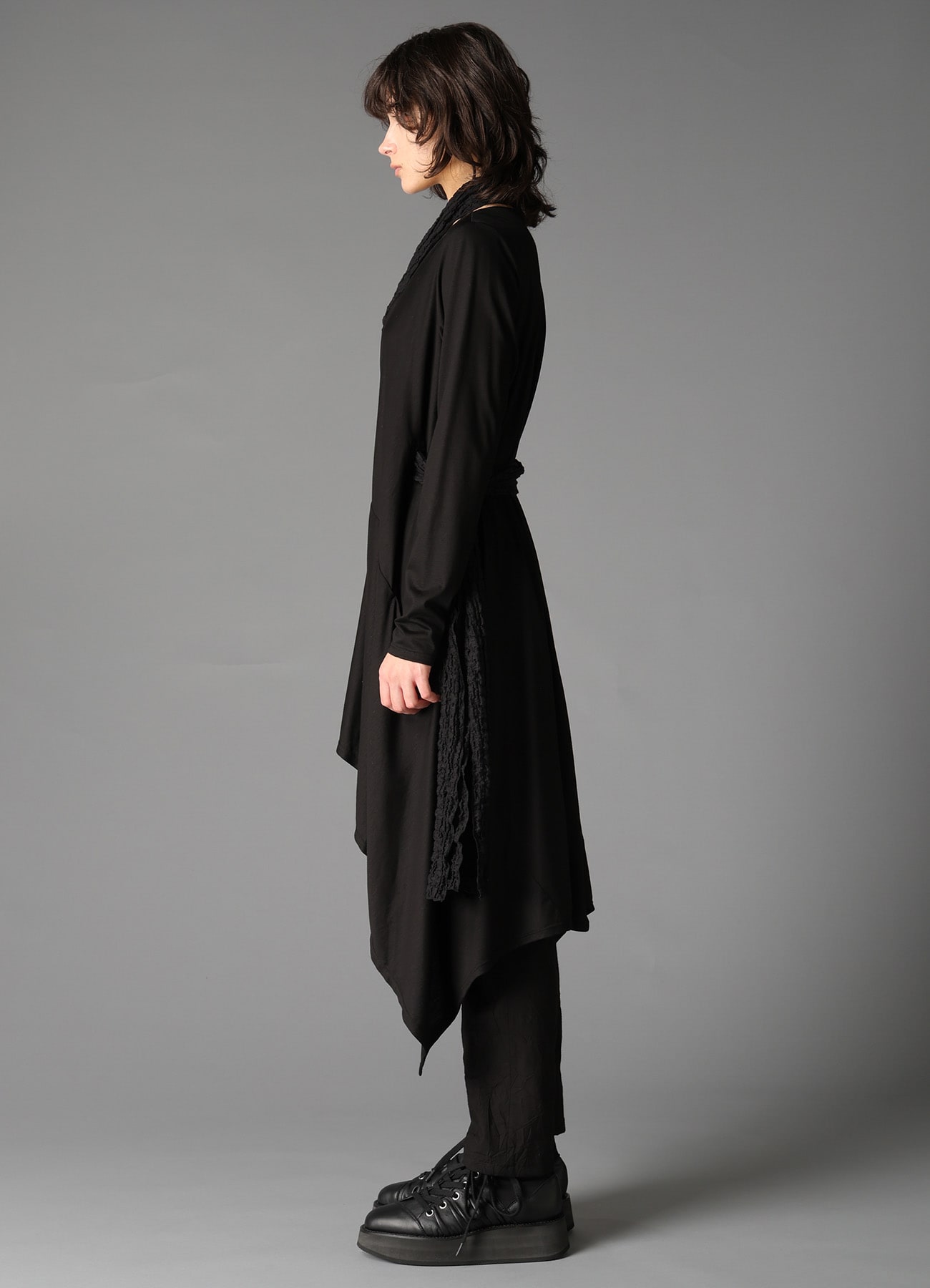 SINGLE JERSEY+SHRINKED LACE SCARF DETAIL LONG CARDIGAN A