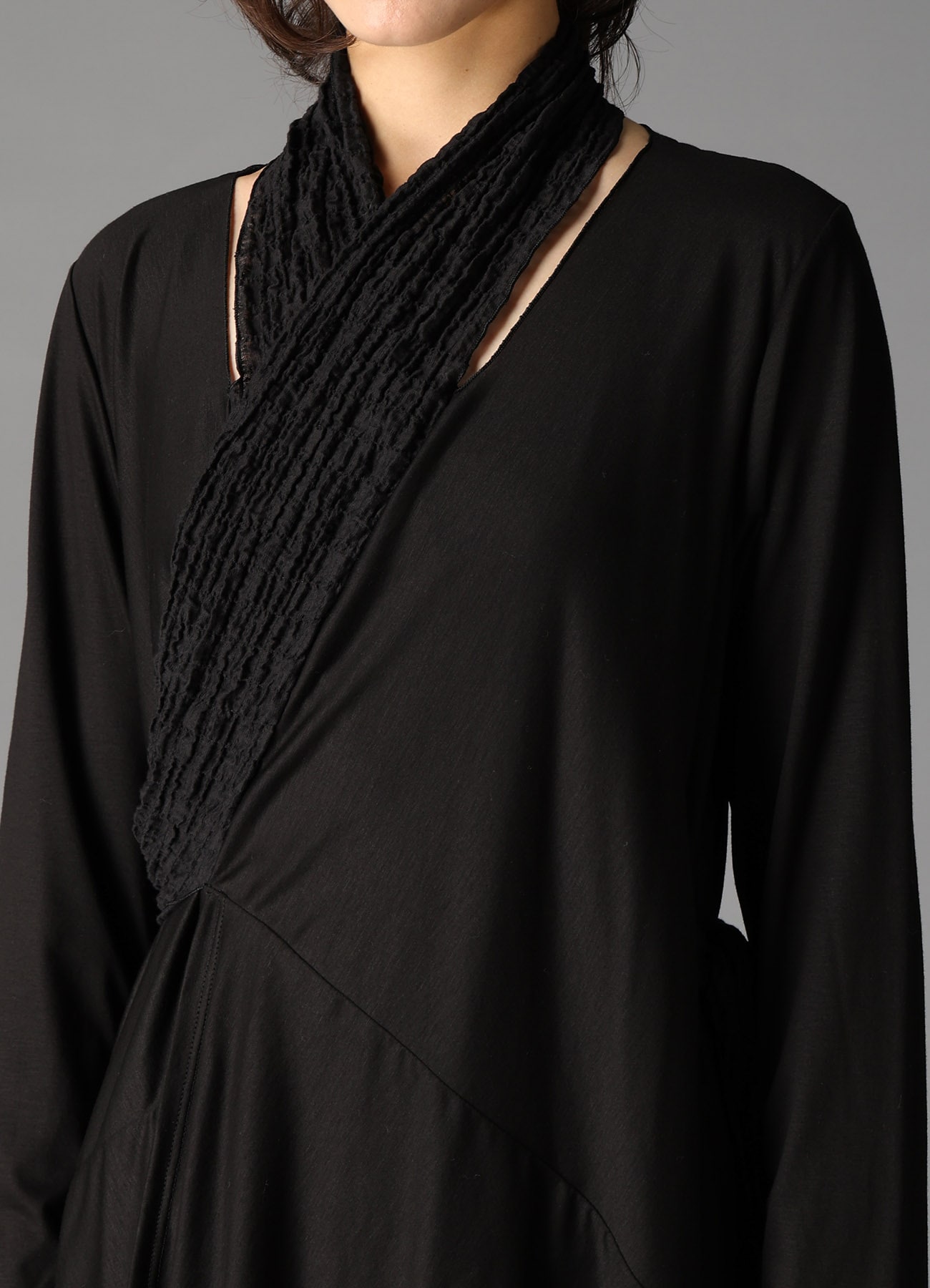 SINGLE JERSEY+SHRINKED LACE SCARF DETAIL LONG CARDIGAN A