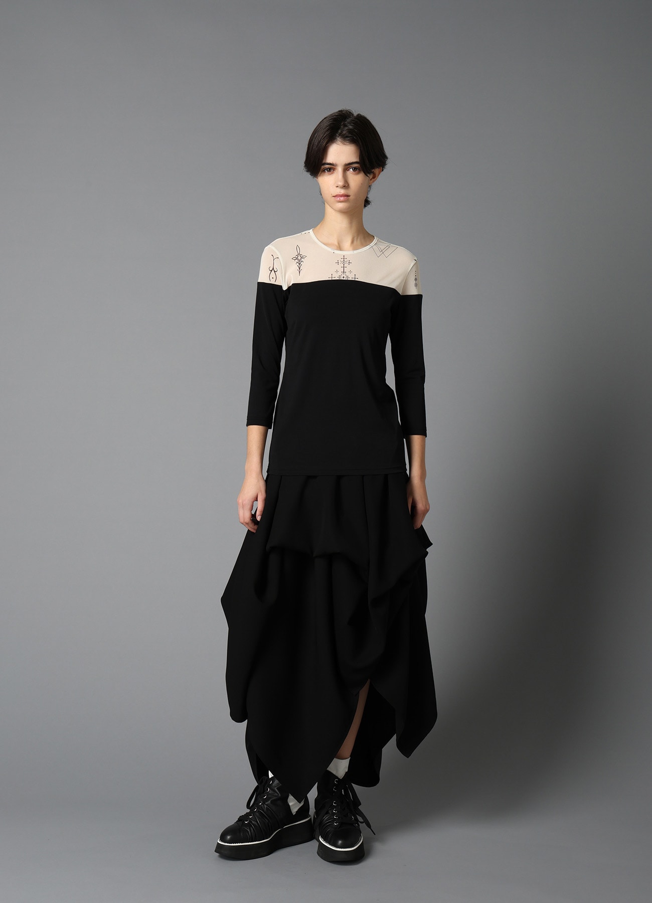 TATTOO PRINT+SINGLE JERSEY PANEL 3/4 SLEEVE TEE