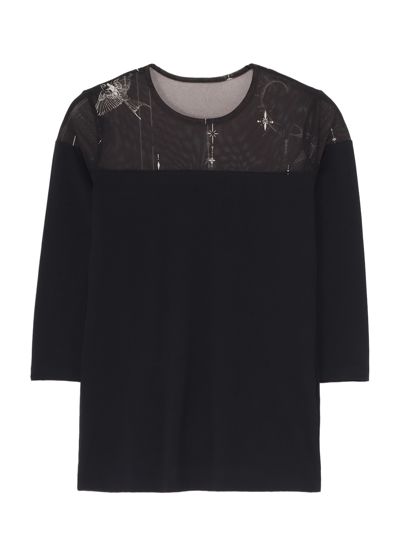 TATTOO PRINT+SINGLE JERSEY PANEL 3/4 SLEEVE TEE