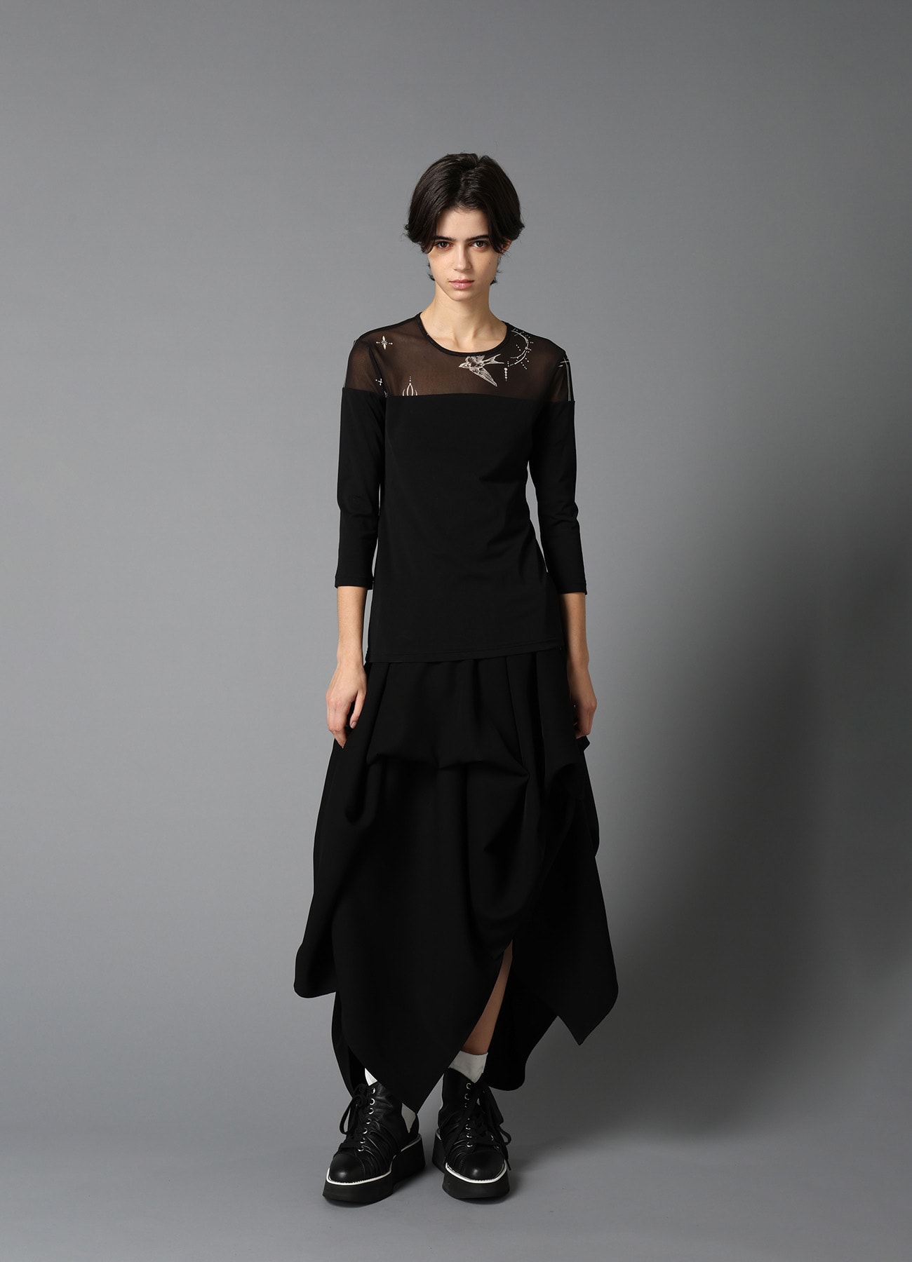 TATTOO PRINT+SINGLE JERSEY PANEL 3/4 SLEEVE TEE