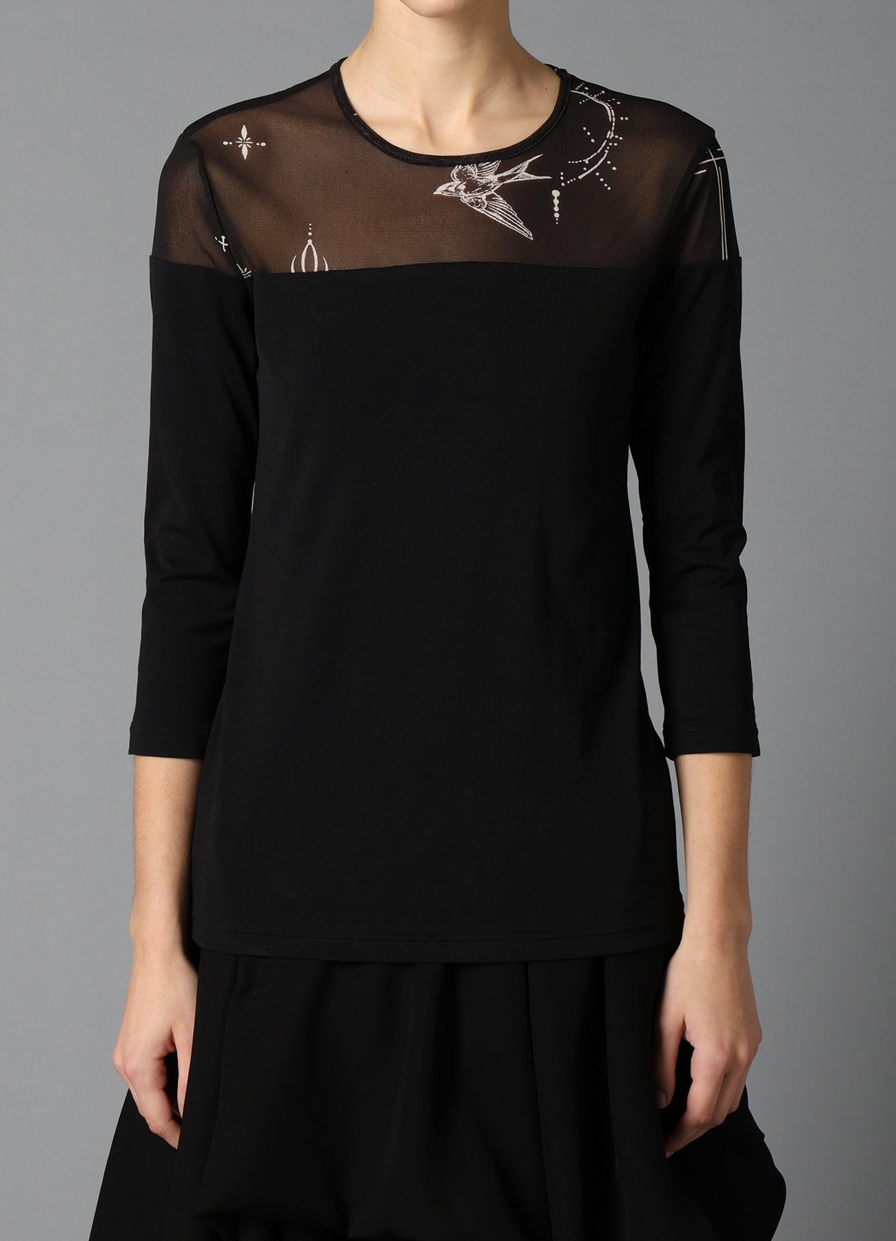 TATTOO PRINT+SINGLE JERSEY PANEL 3/4 SLEEVE TEE