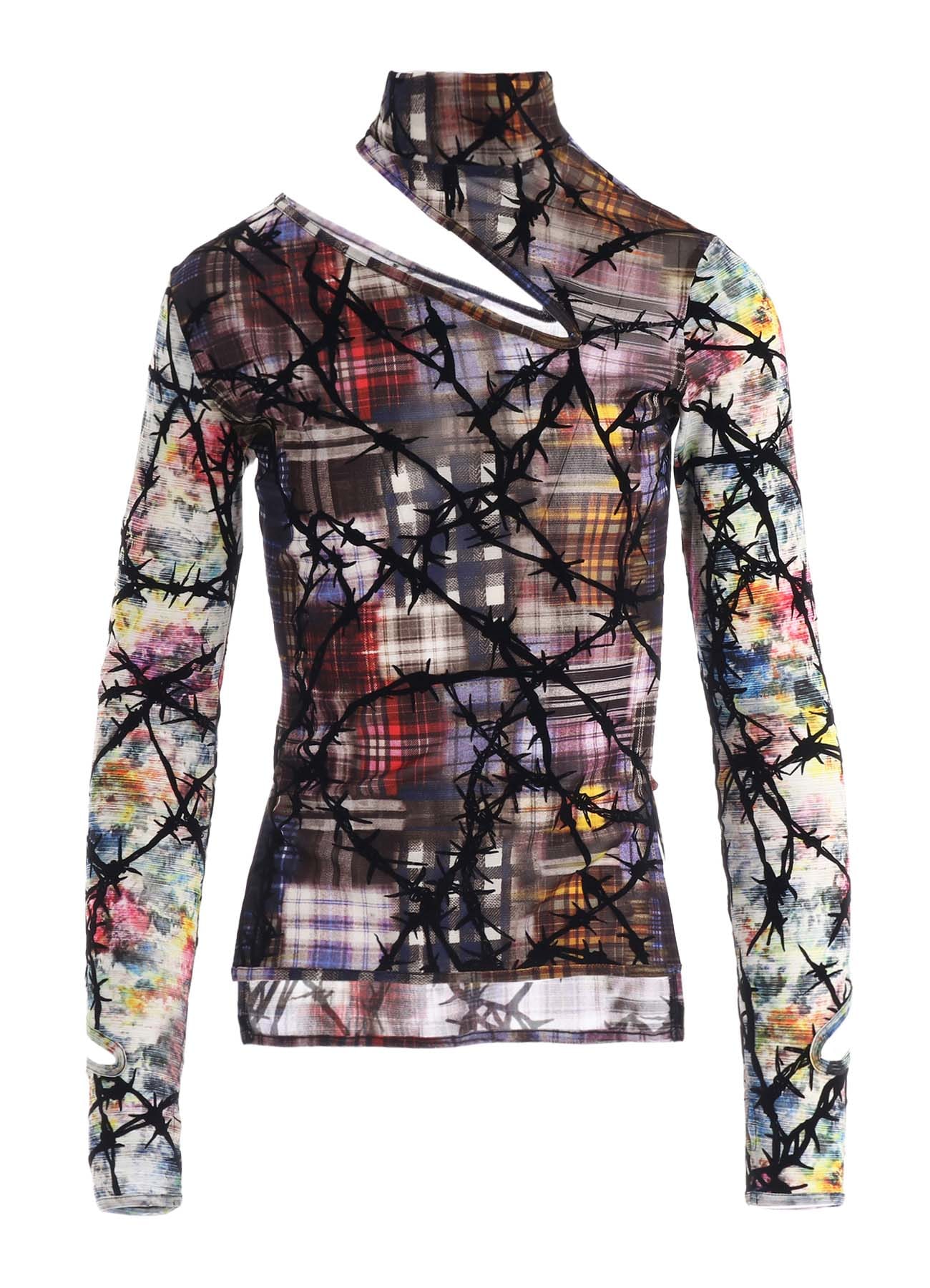 CHECK + FLORAL COMBINATION SLIT HIGH NECK T-SHIRT