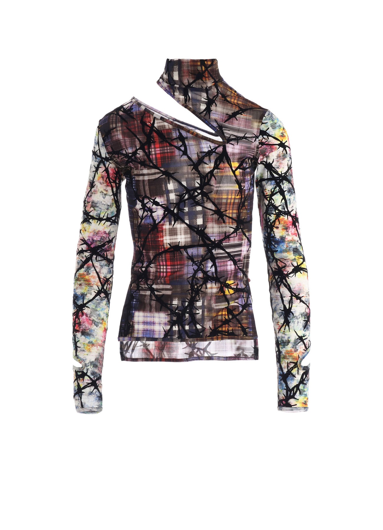 CHECK + FLORAL COMBINATION SLIT HIGH NECK T-SHIRT