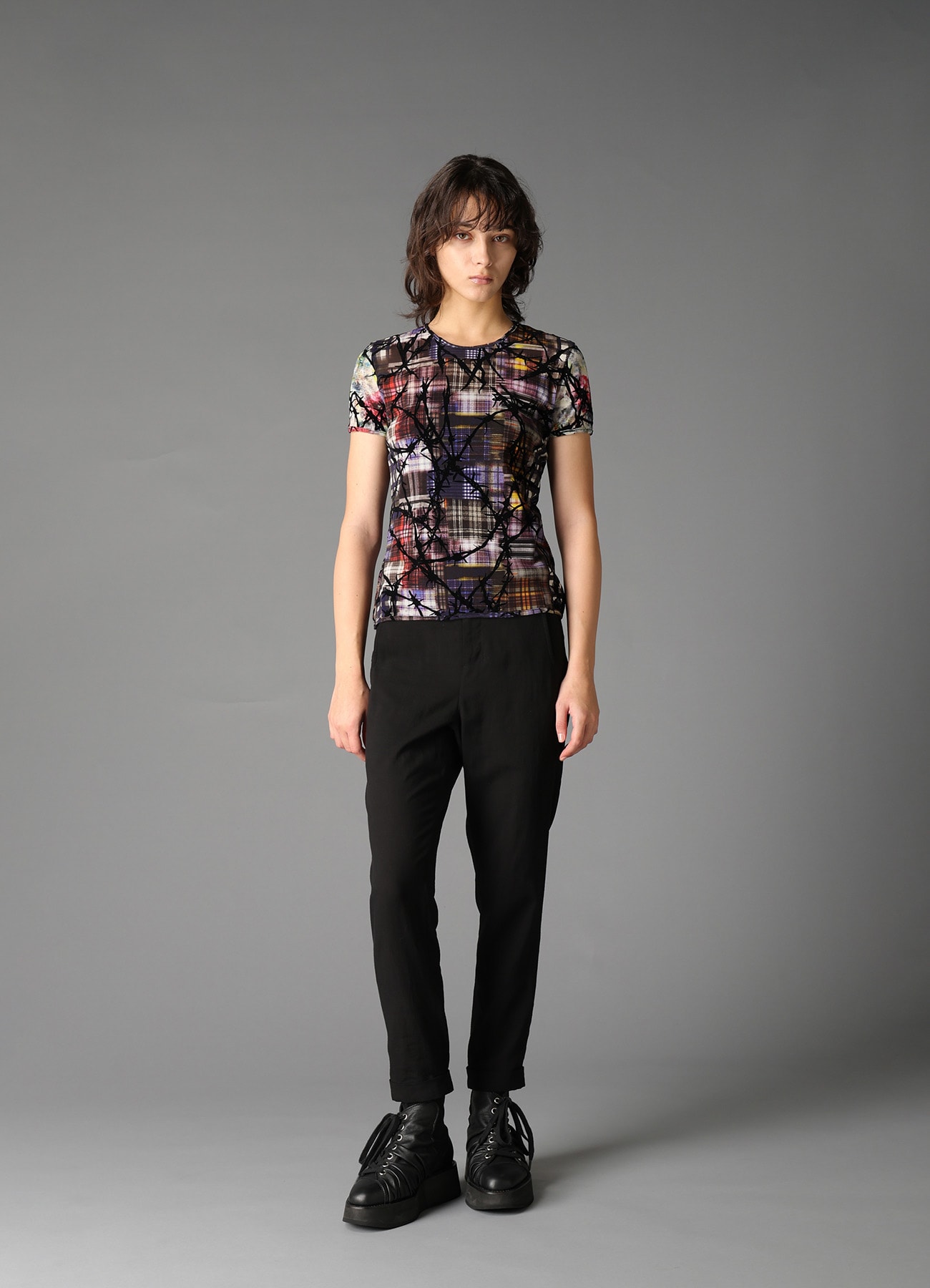 CHECK + FLORAL COMBINATION TIGHT SHORT SLEEVE T-SHIRT