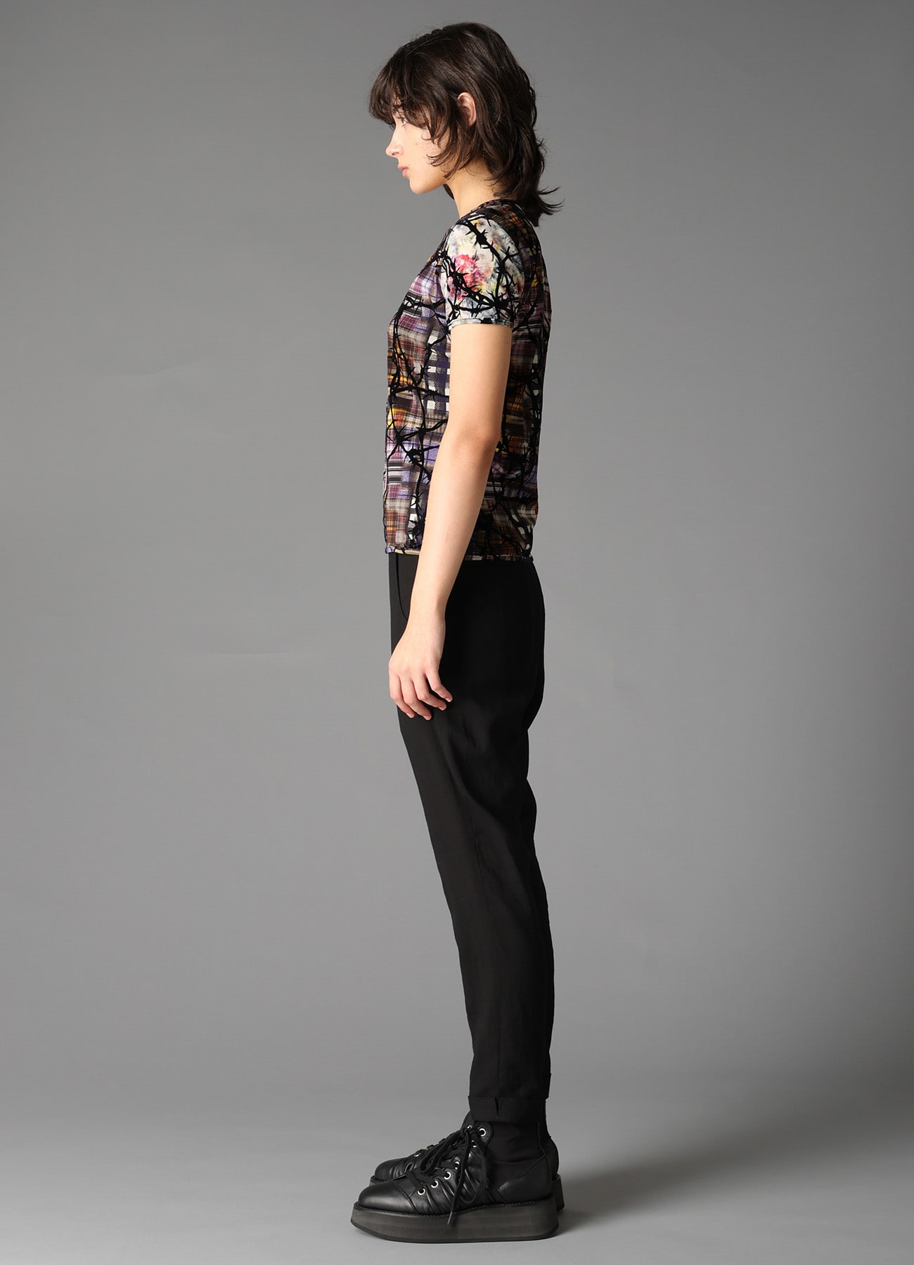 CHECK + FLORAL COMBINATION TIGHT SHORT SLEEVE T-SHIRT