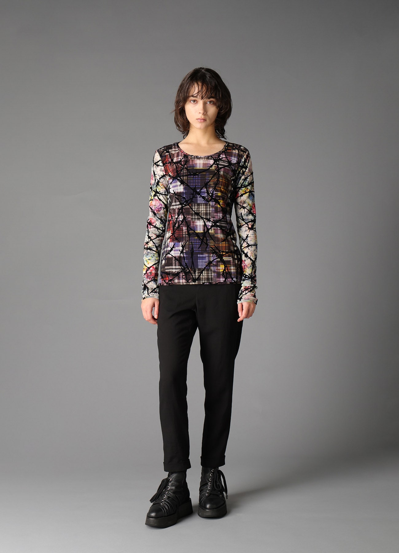 CHECK + FLORAL COMBINATION  TIGHT LONG SLEEVE T