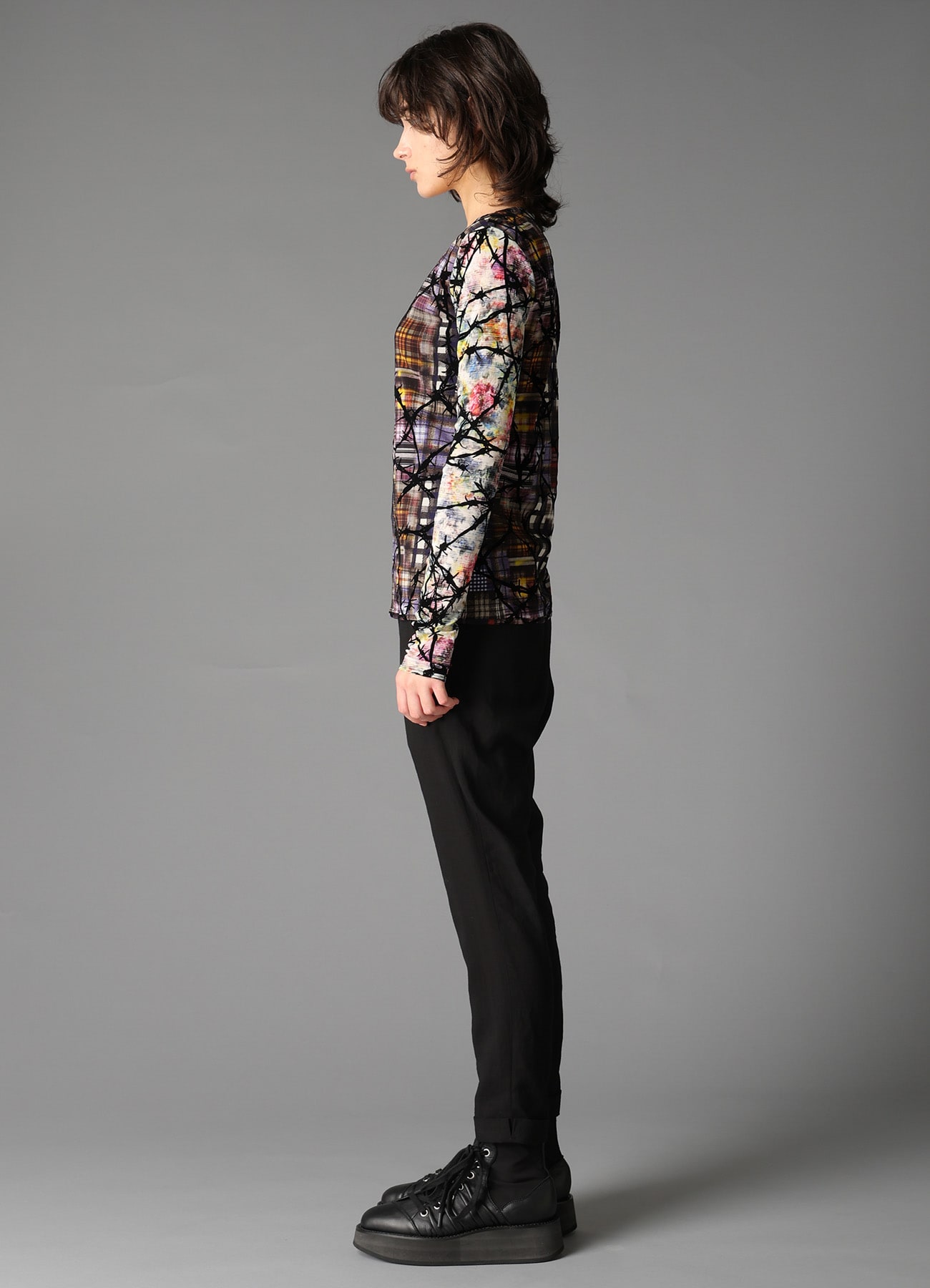 CHECK + FLORAL COMBINATION  TIGHT LONG SLEEVE T