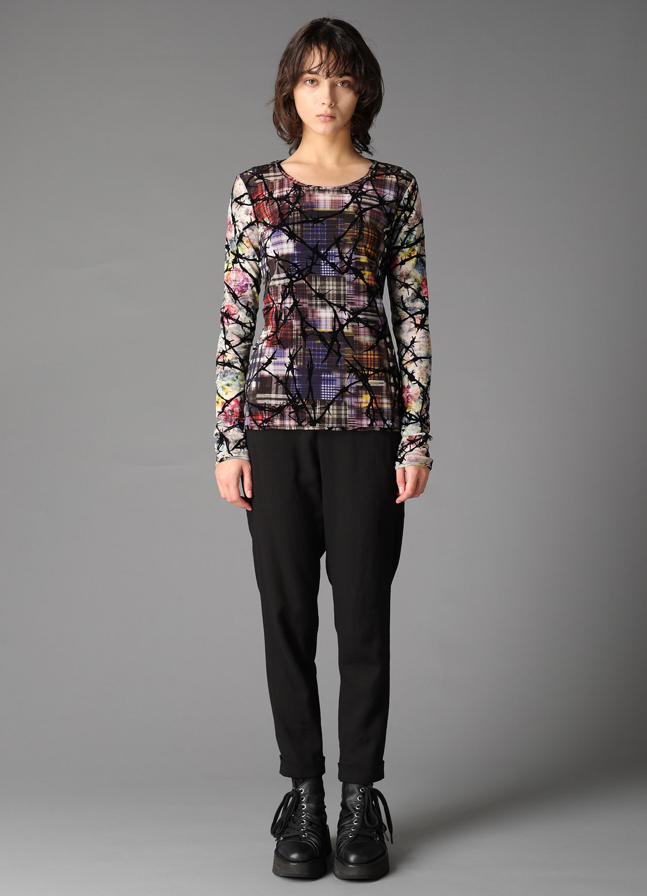 CHECK + FLORAL COMBINATION  TIGHT LONG SLEEVE T