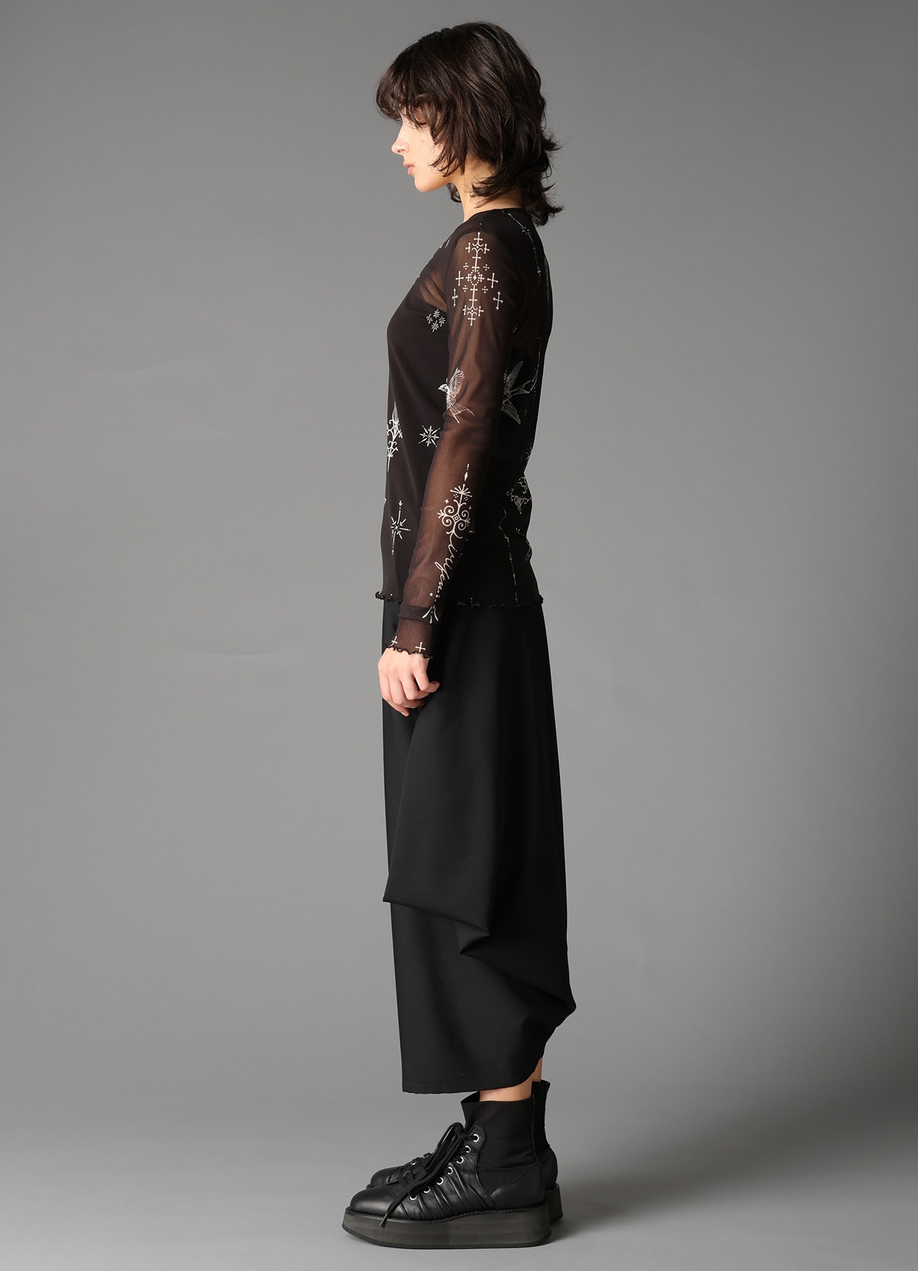 TATTOO PRINTED TULLE TIGHT LONG SLEEVE T