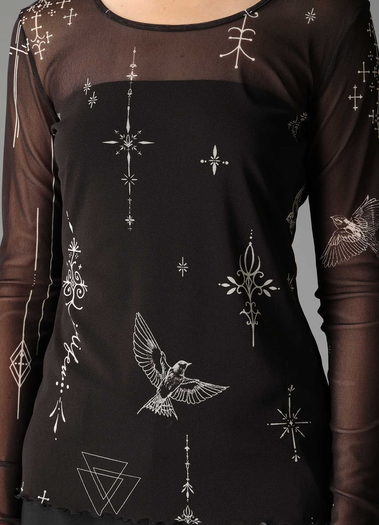 TATTOO PRINTED TULLE TIGHT LONG SLEEVE T