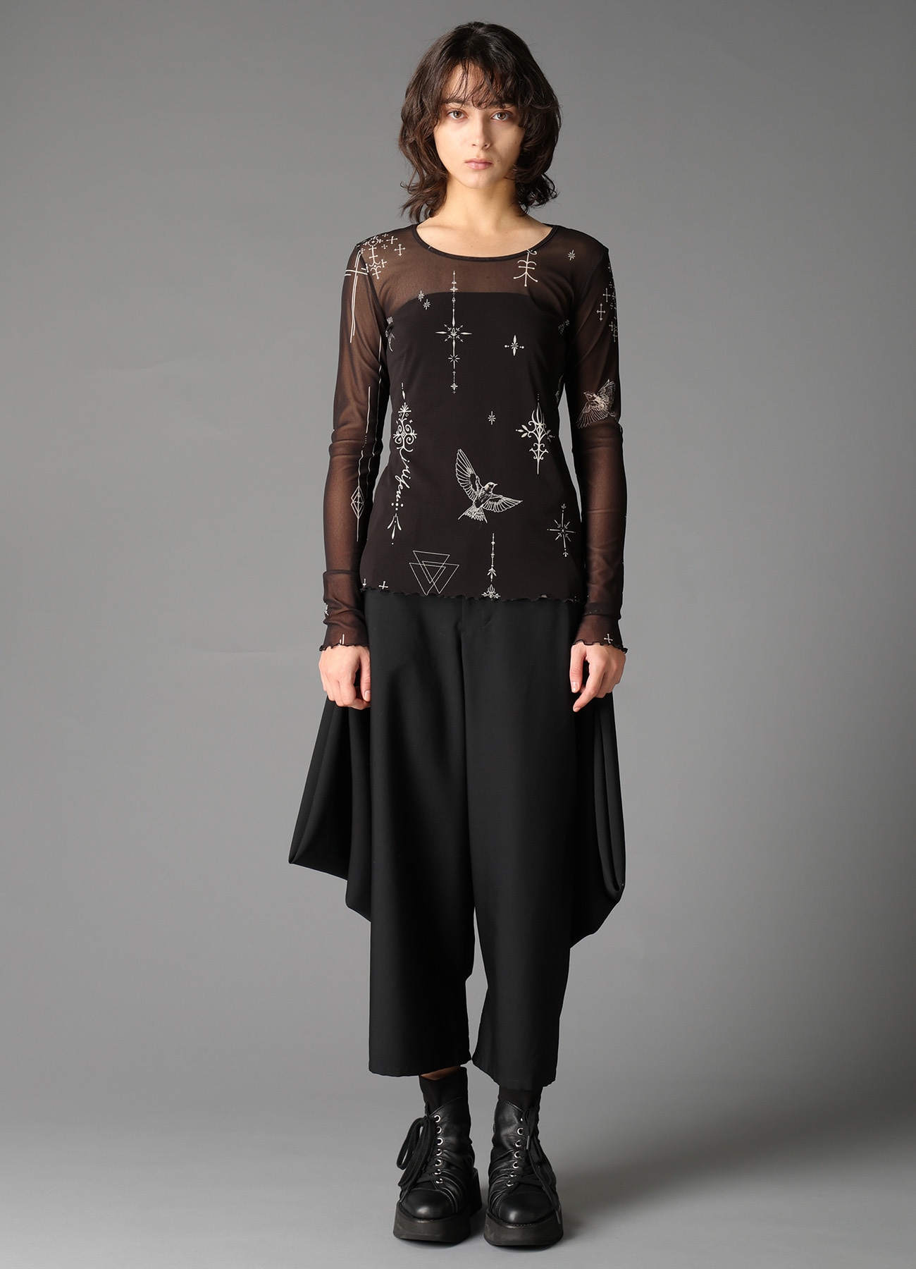 TATTOO PRINTED TULLE TIGHT LONG SLEEVE T