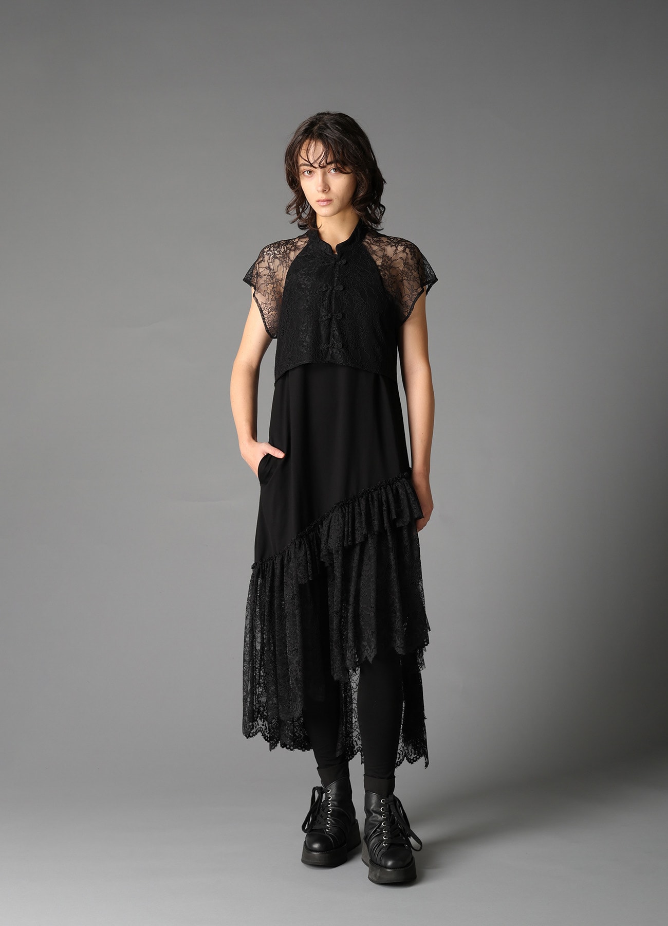 FLOWER LACE+SIGLE JERSEY LACE DETAIL DRESS