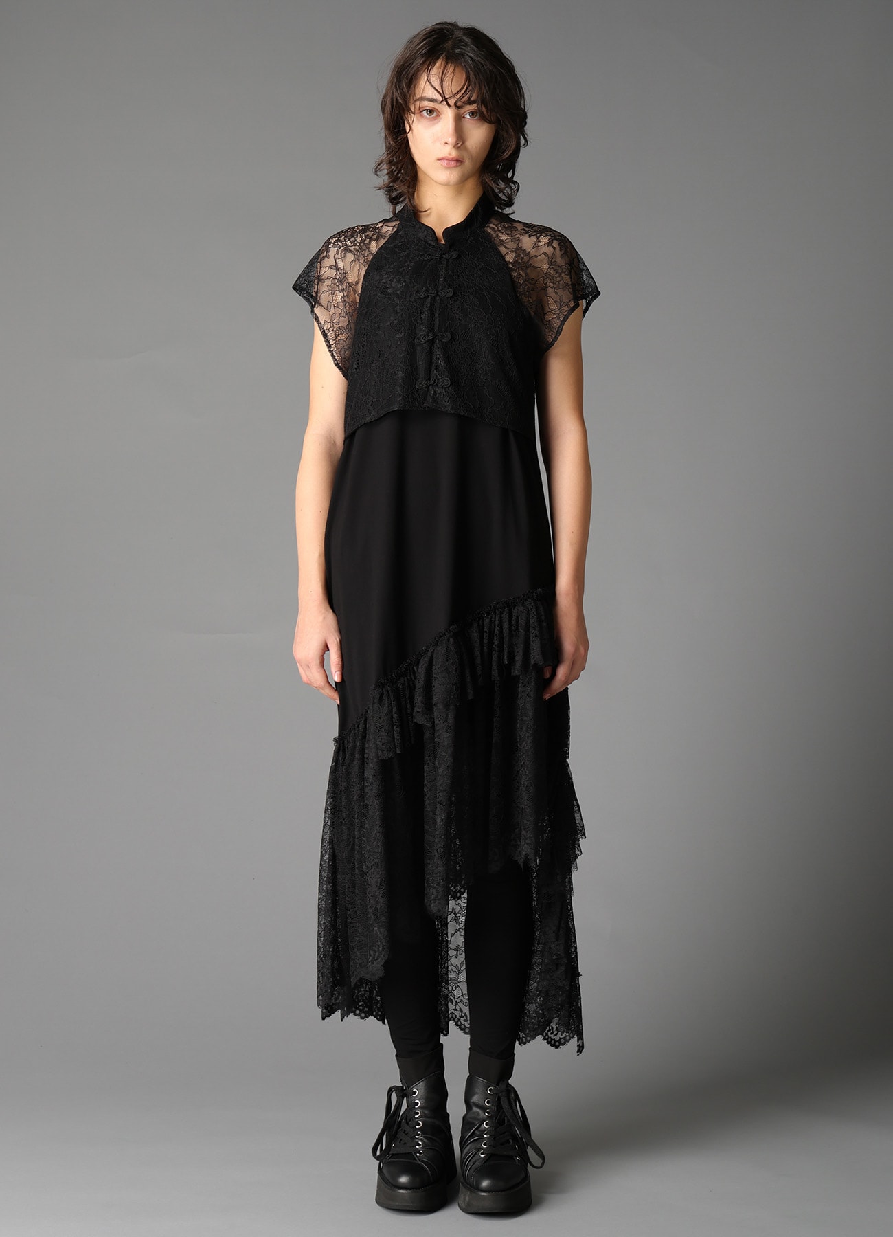 FLOWER LACE+SIGLE JERSEY LACE DETAIL DRESS