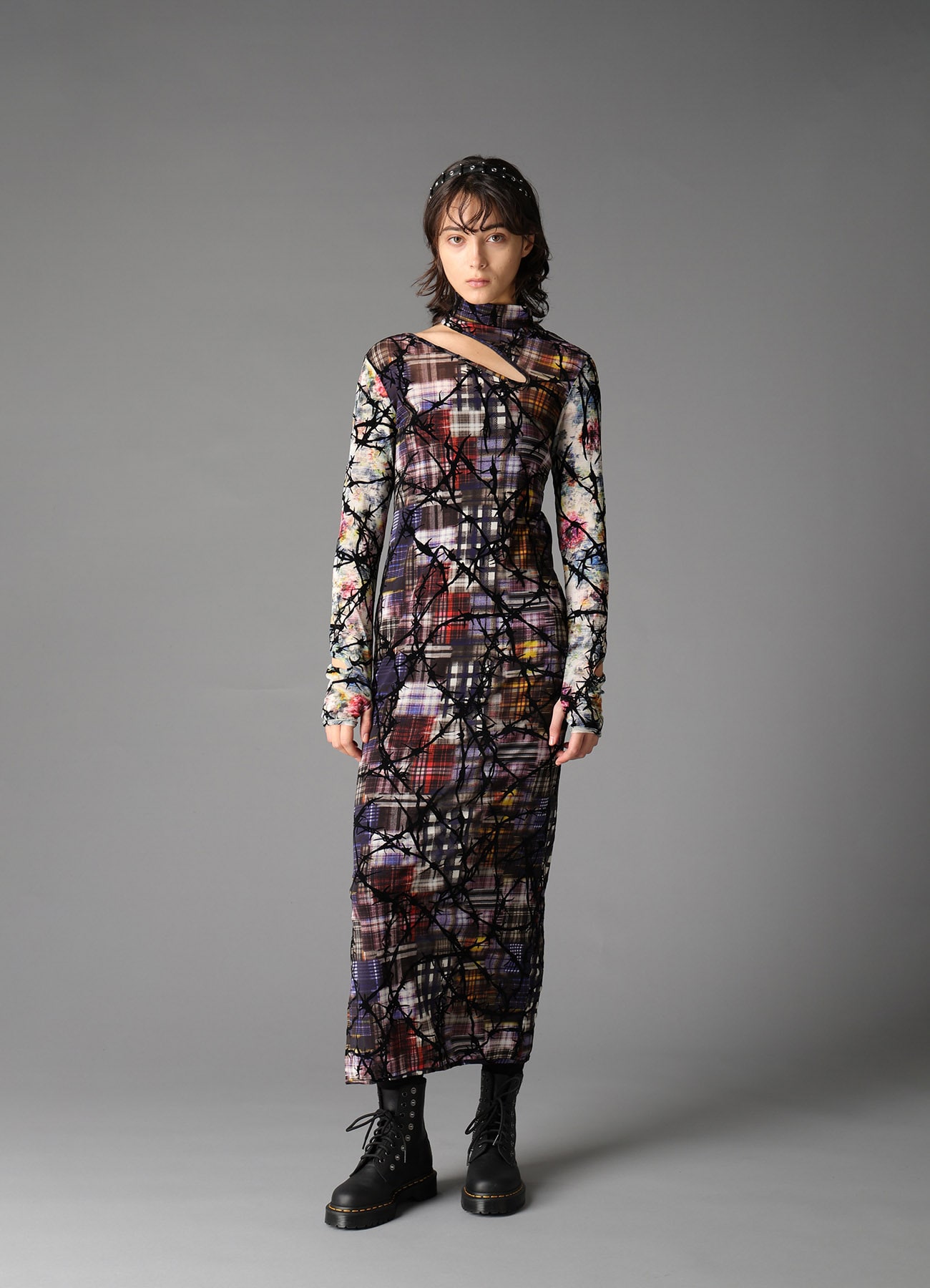 CHECK + FLORAL COMBINATION SLIT DRESS