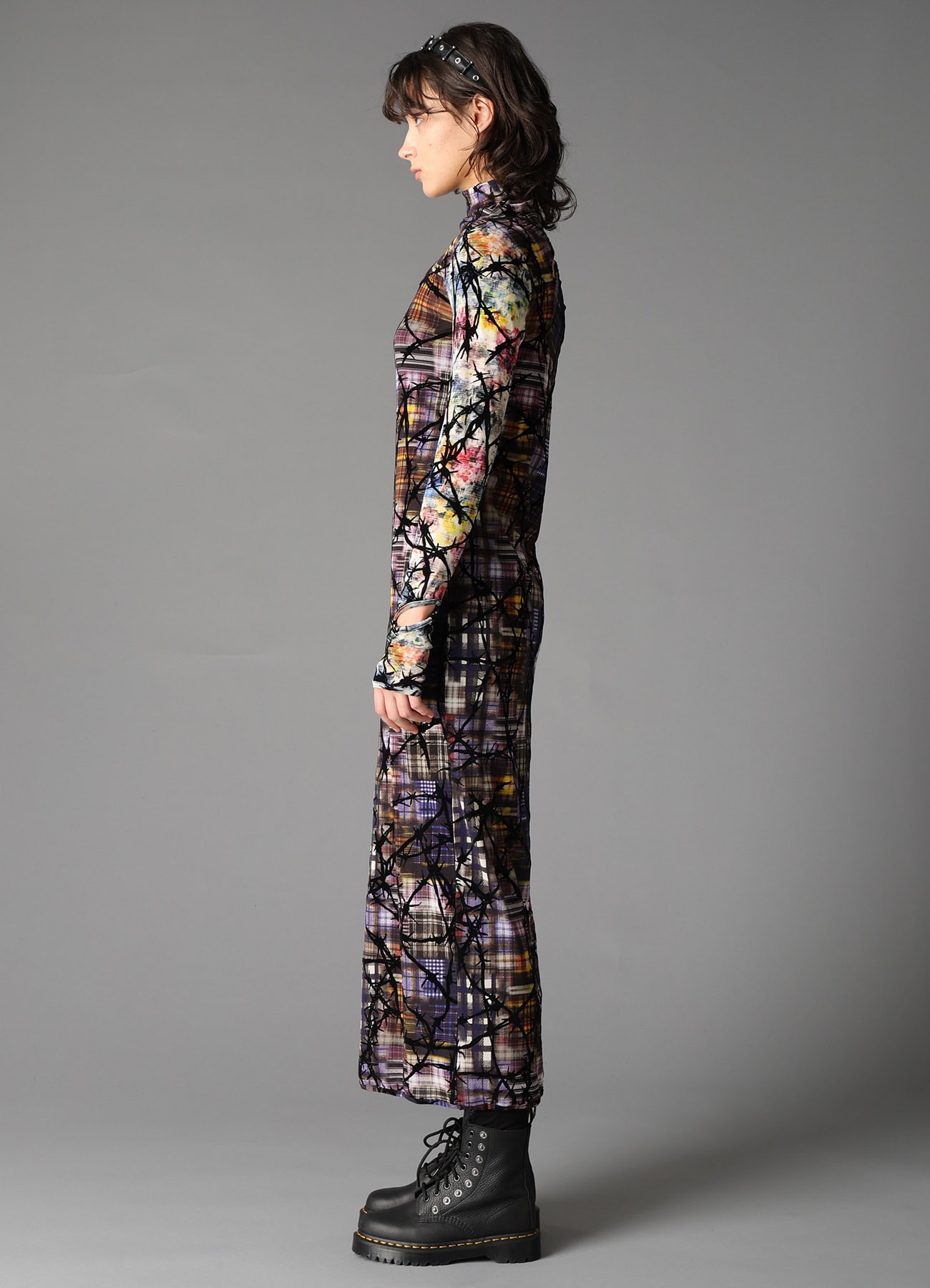 CHECK + FLORAL COMBINATION SLIT DRESS