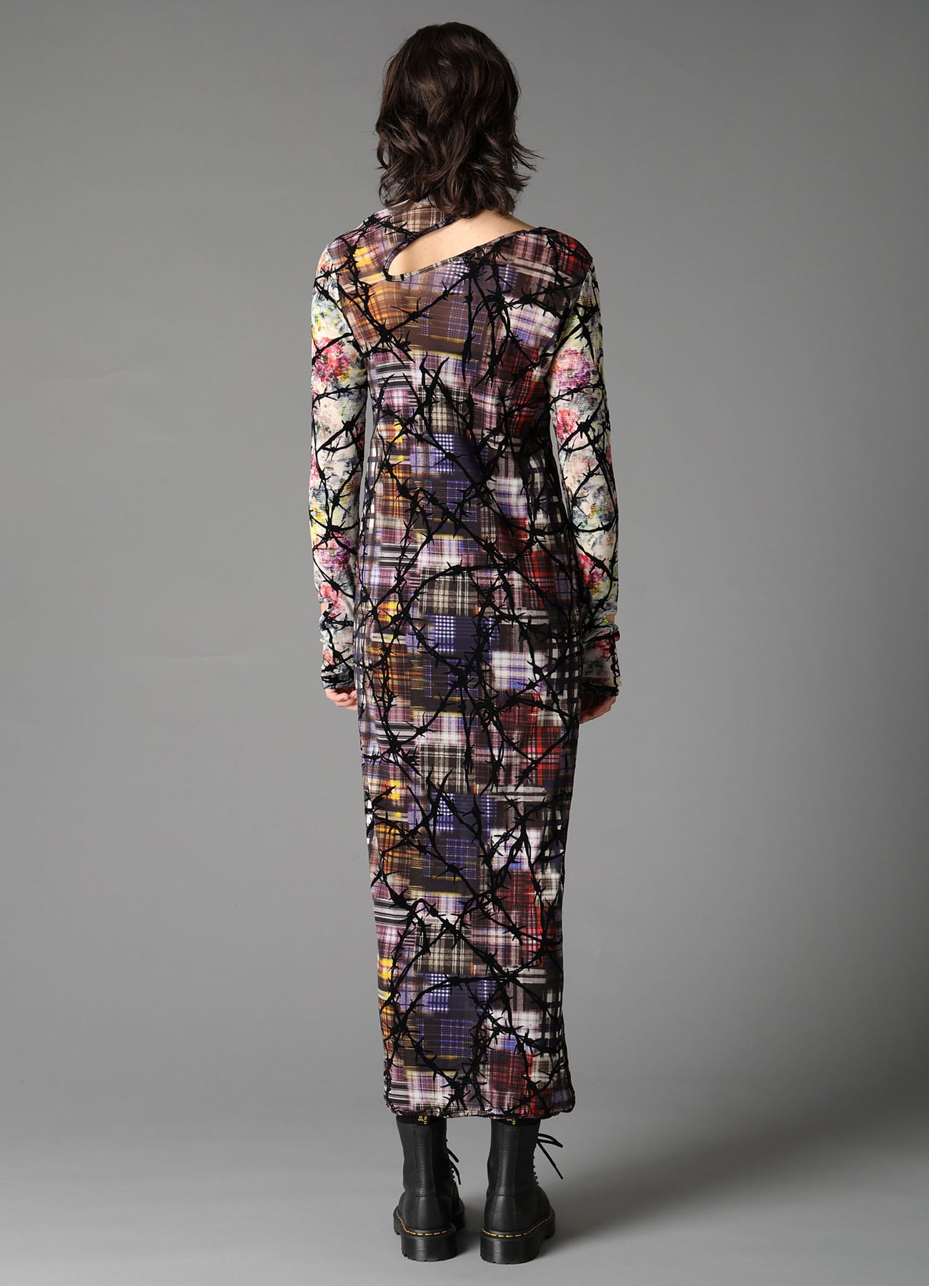 CHECK + FLORAL COMBINATION SLIT DRESS