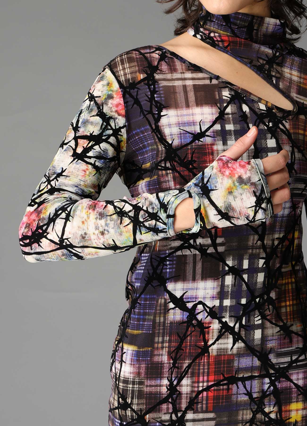 CHECK + FLORAL COMBINATION SLIT DRESS