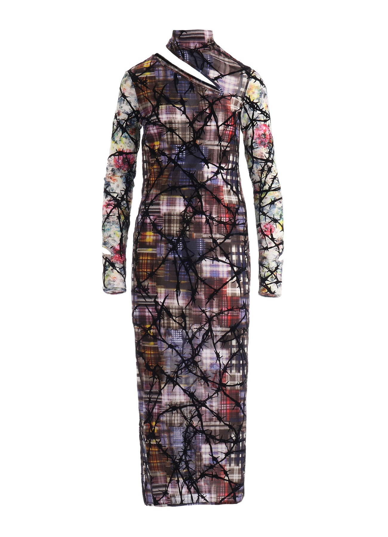 CHECK + FLORAL COMBINATION SLIT DRESS