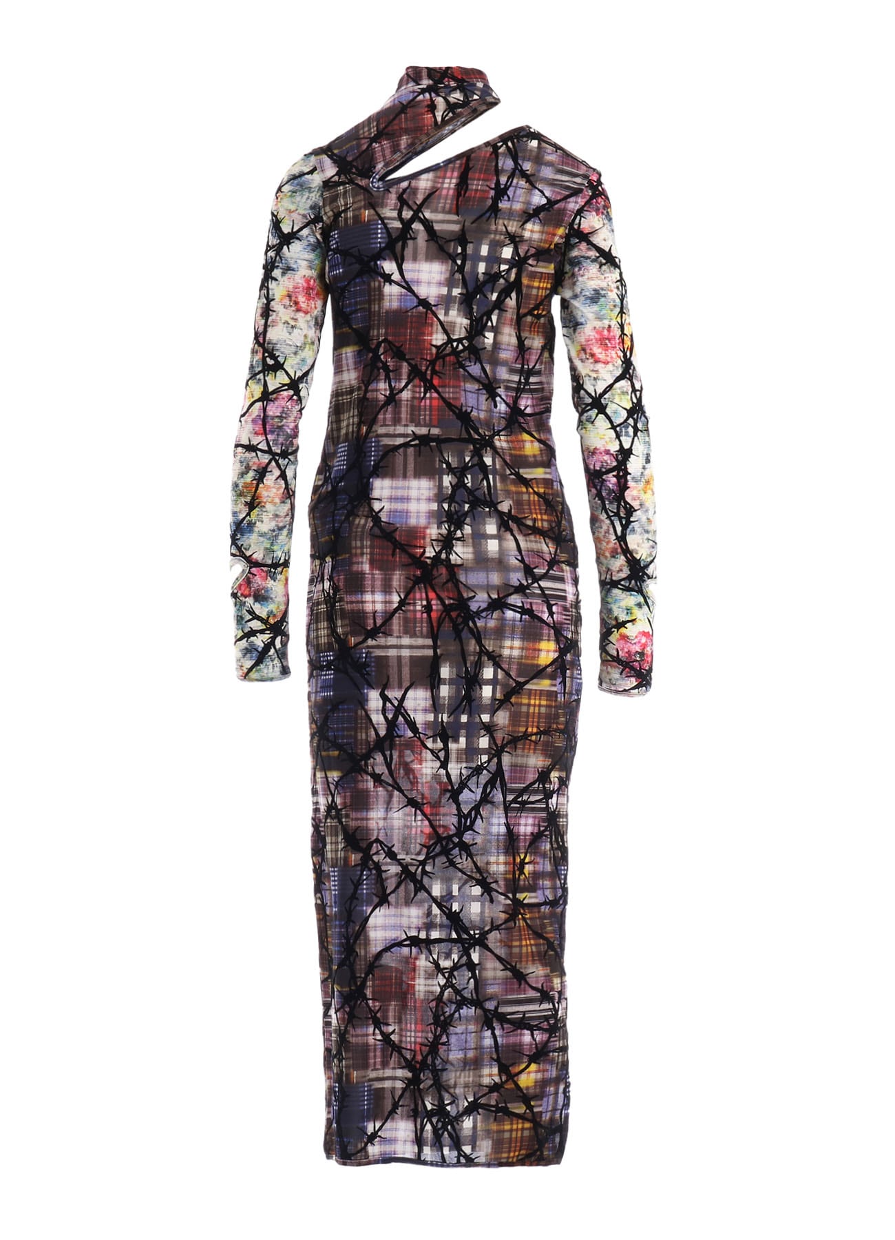 CHECK + FLORAL COMBINATION SLIT DRESS