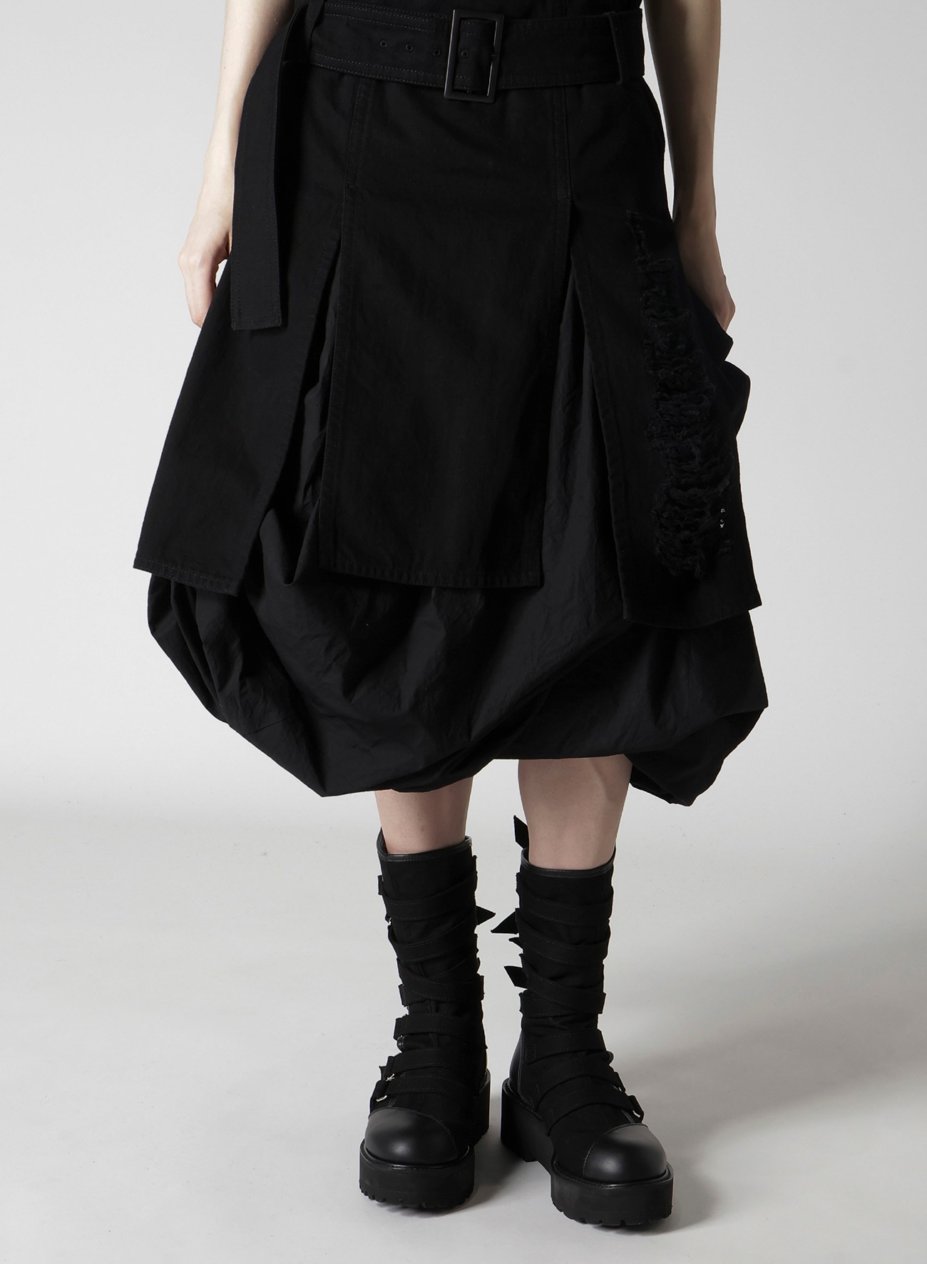 DAMAGED DENIM BELT BALLOON SKIRT