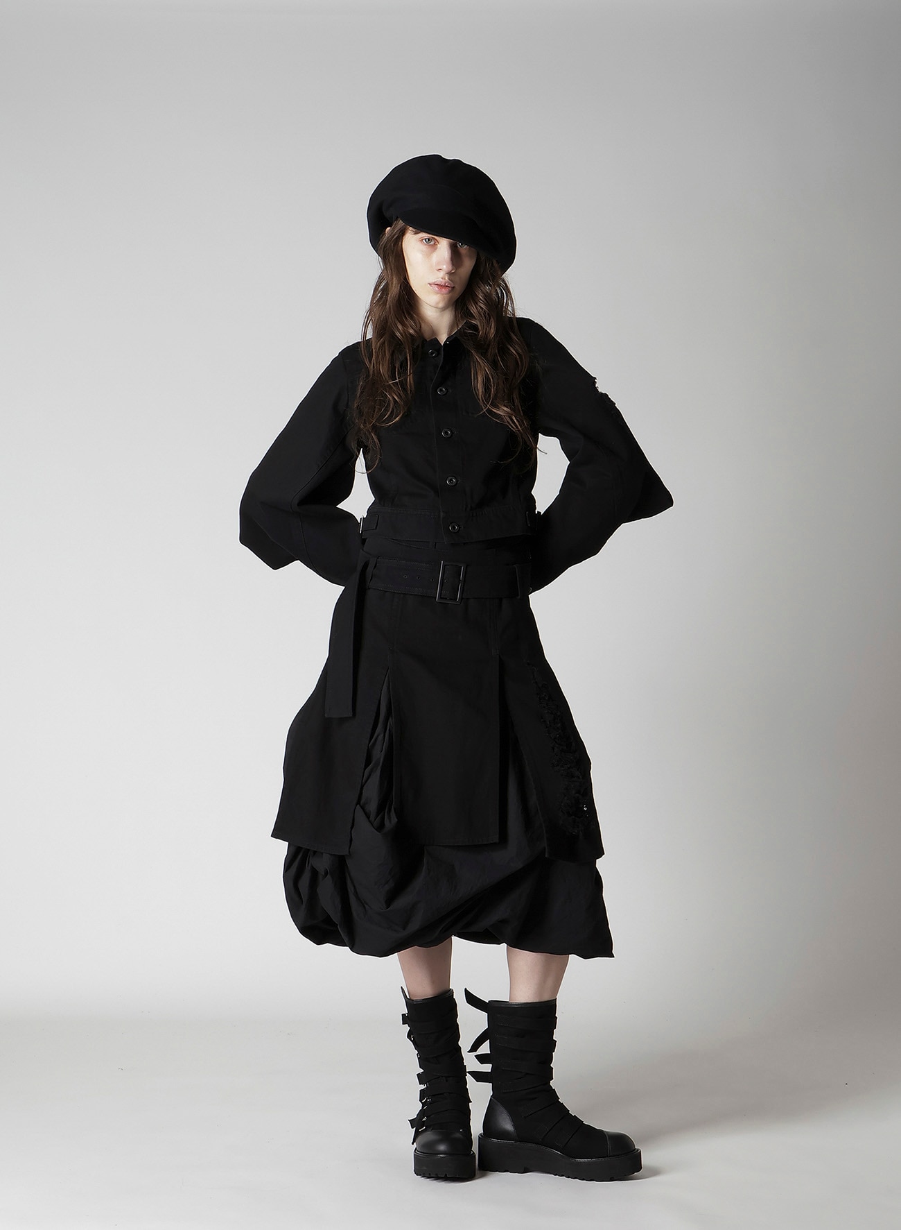DAMAGED DENIM BELT BALLOON SKIRT