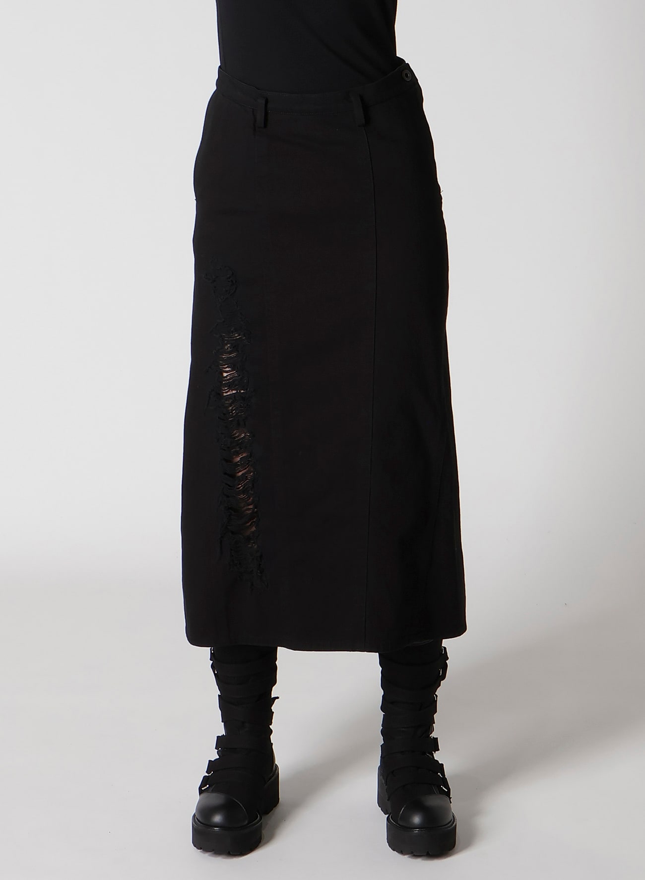 DAMEGED DENIM PANELED SKIRT