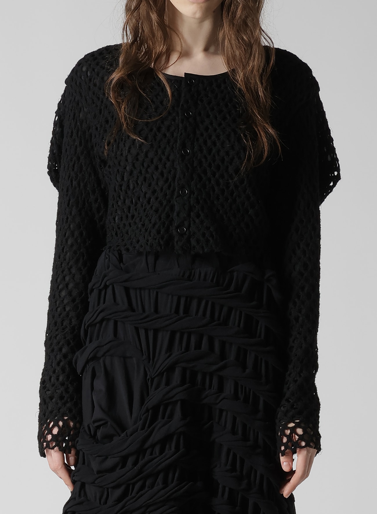HOLE JACQUARD + CHIFFON PUFF CARDIGAN