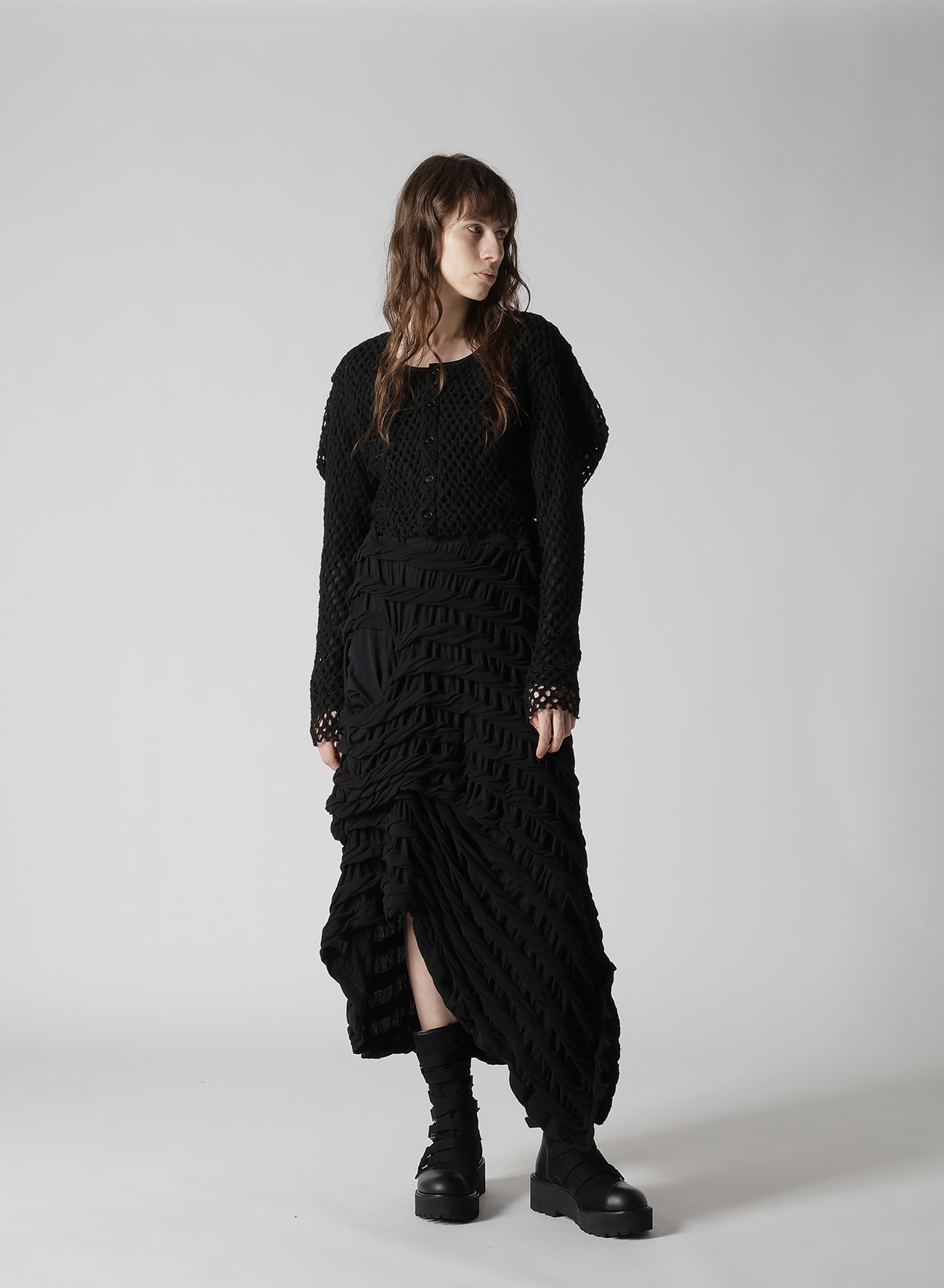 HOLE JACQUARD + CHIFFON PUFF CARDIGAN