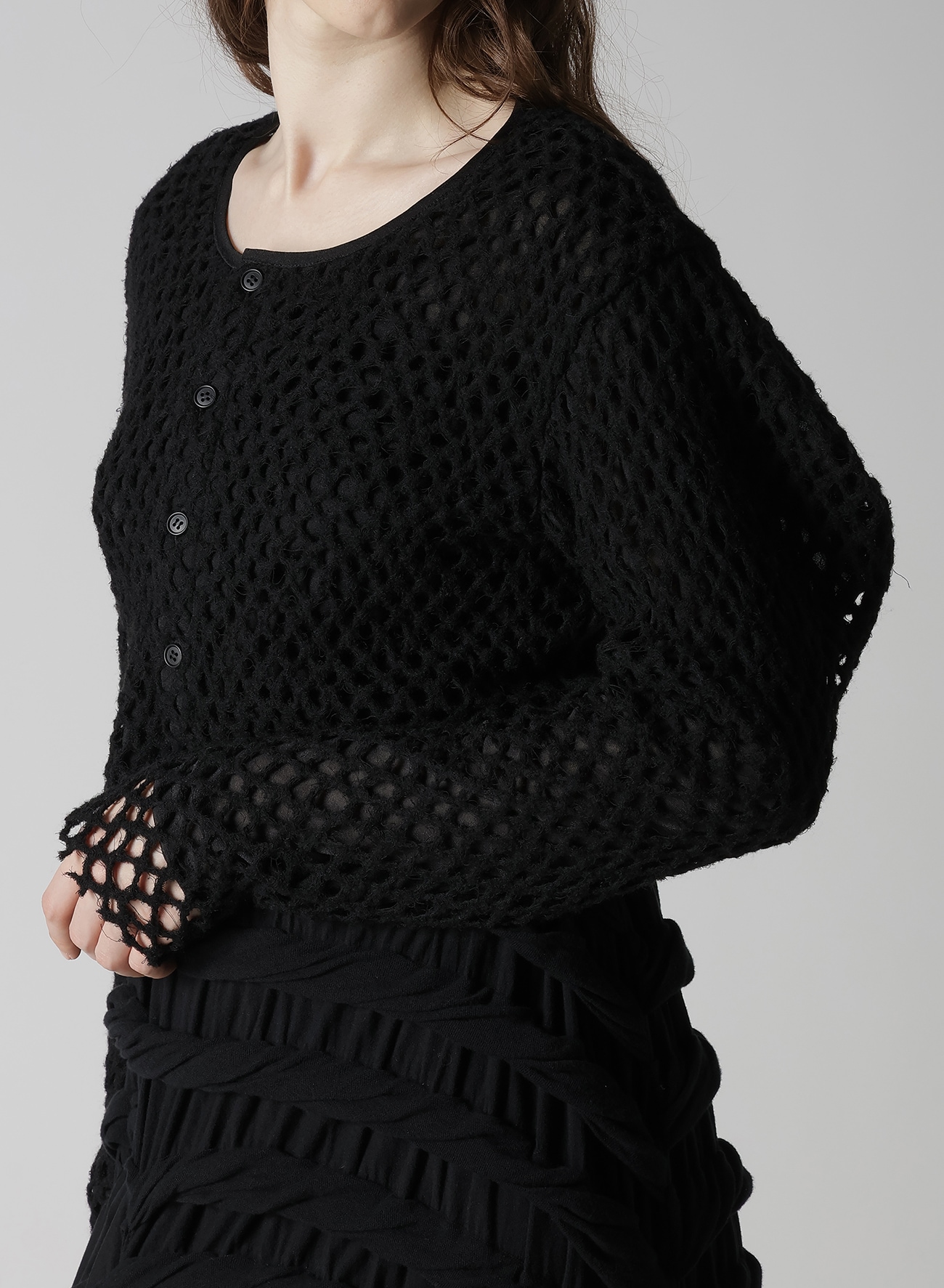 HOLE JACQUARD + CHIFFON PUFF CARDIGAN