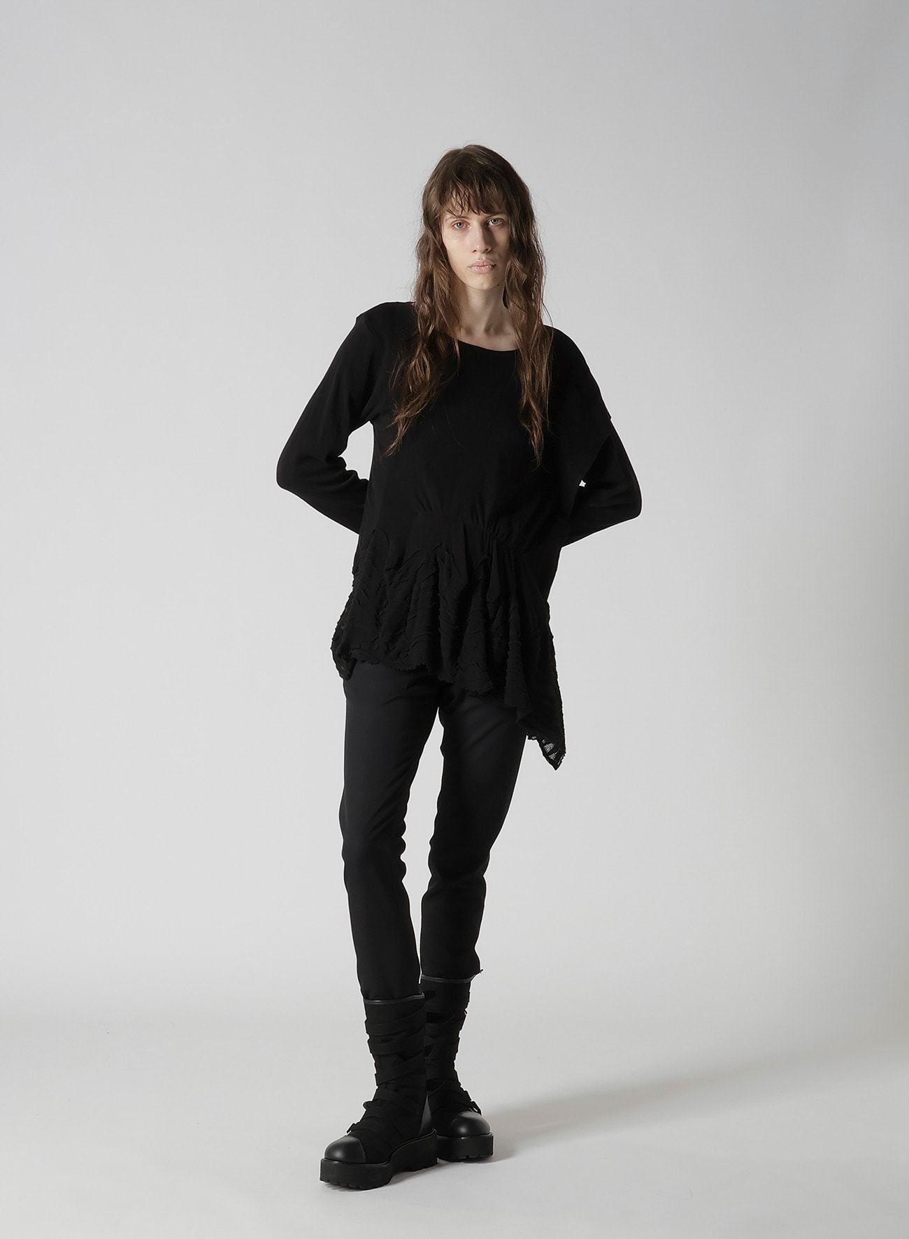FRILLED JACQUARD GATHER ASYMMETRY T-SHIRT