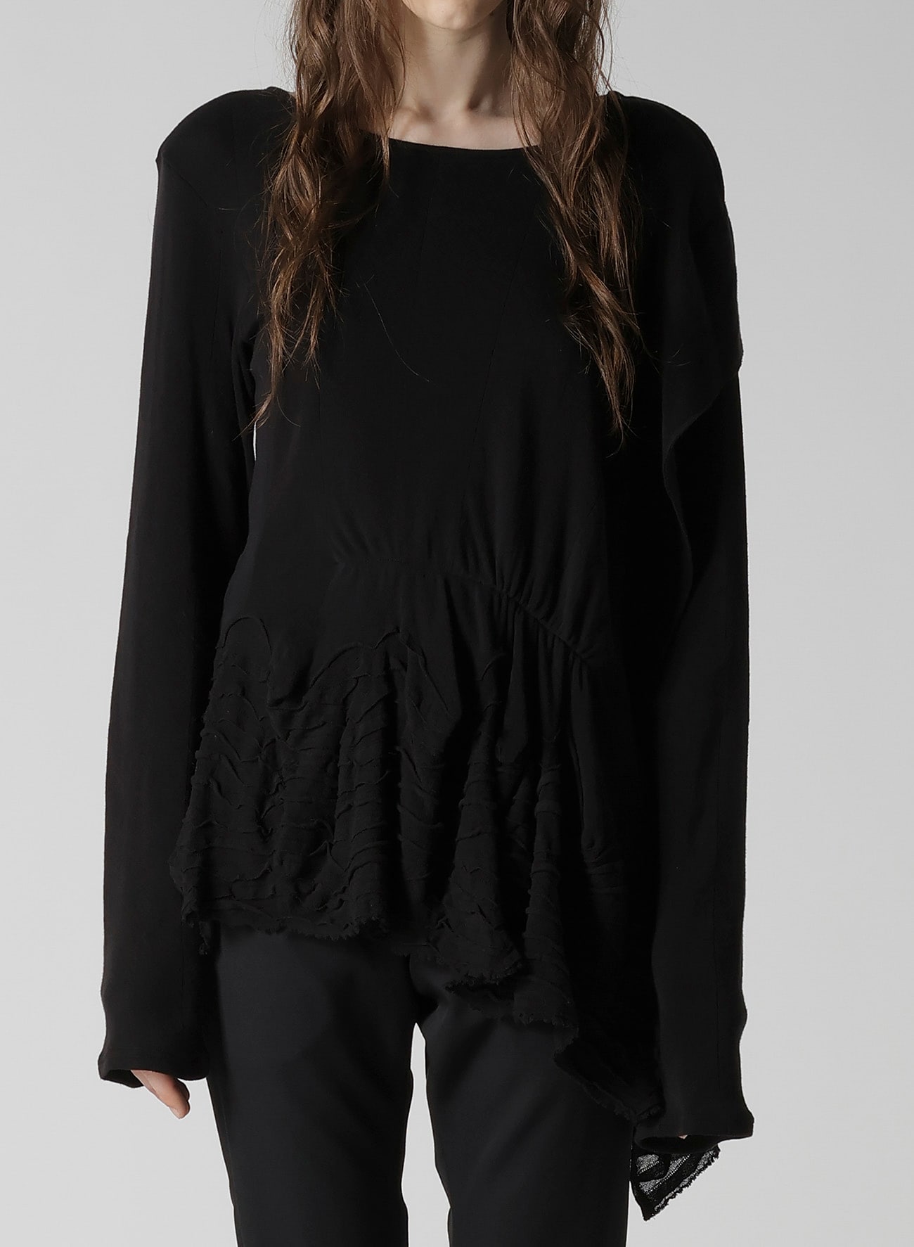 FRILLED JACQUARD GATHER ASYMMETRY T-SHIRT